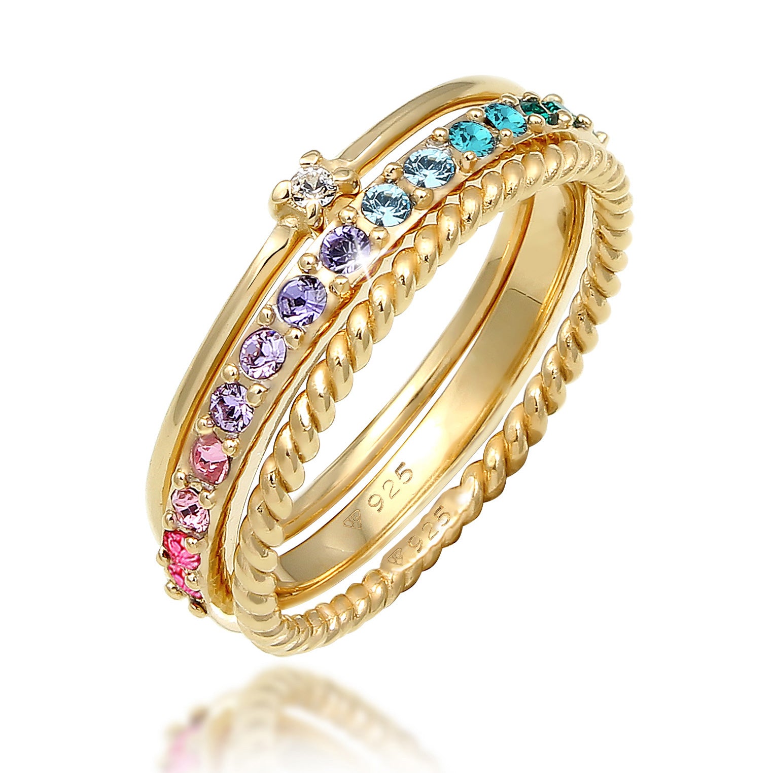 Gold Perhiasan Wanita Perak Asli - Silver Cincin Set Multi-Colour Crystals Gold Plated