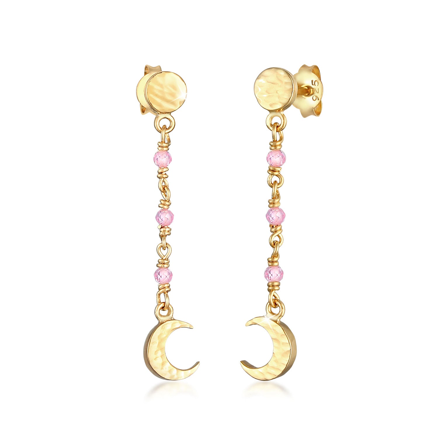 Gold Perhiasan Wanita Perak Asli - Silver Anting Moon Plate Structure Pink Quartz Lapis Emas