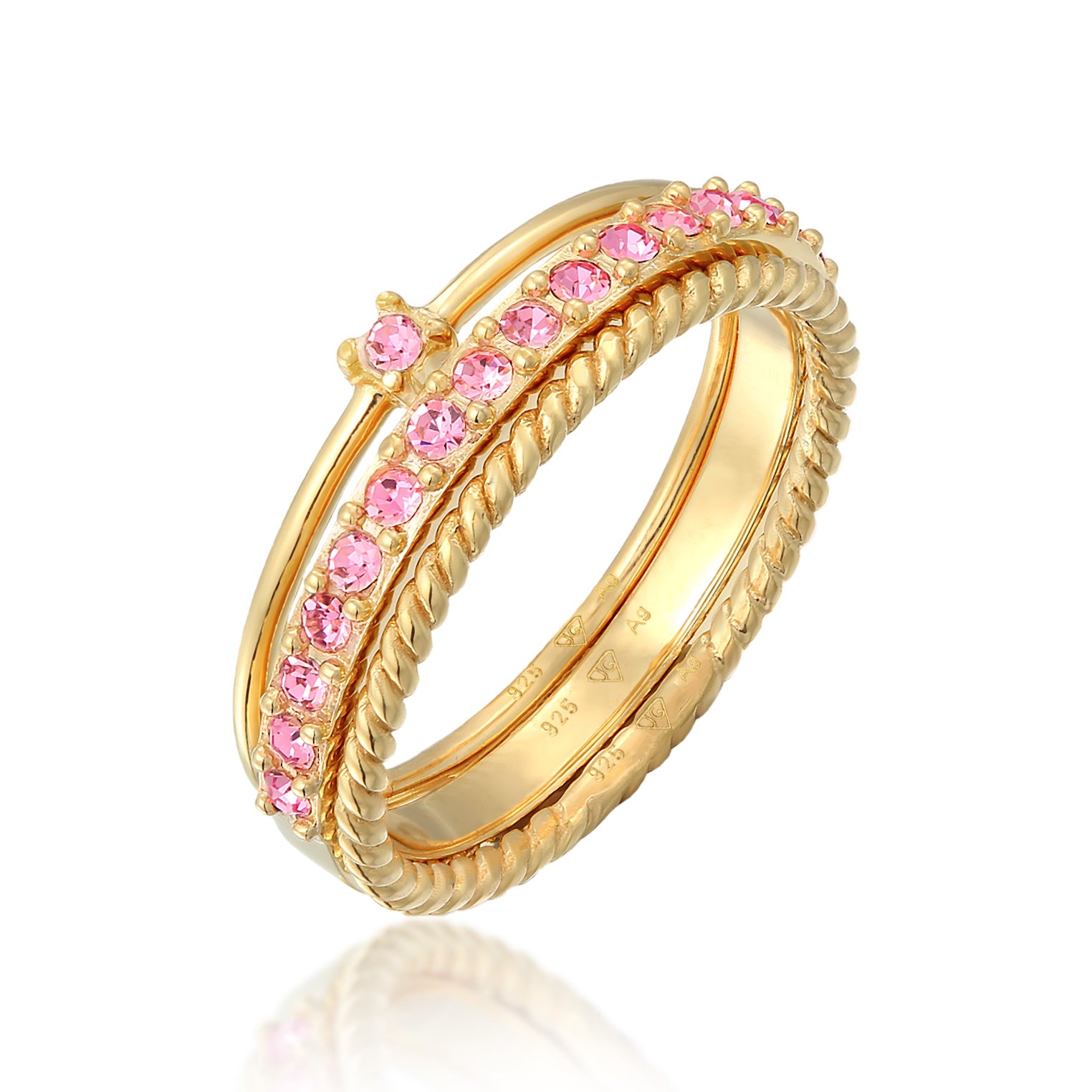 Rose Perhiasan Wanita Perak Asli - Silver Cincin Set Multi-Colour Sparkling Crystals Pink Lapis Emas