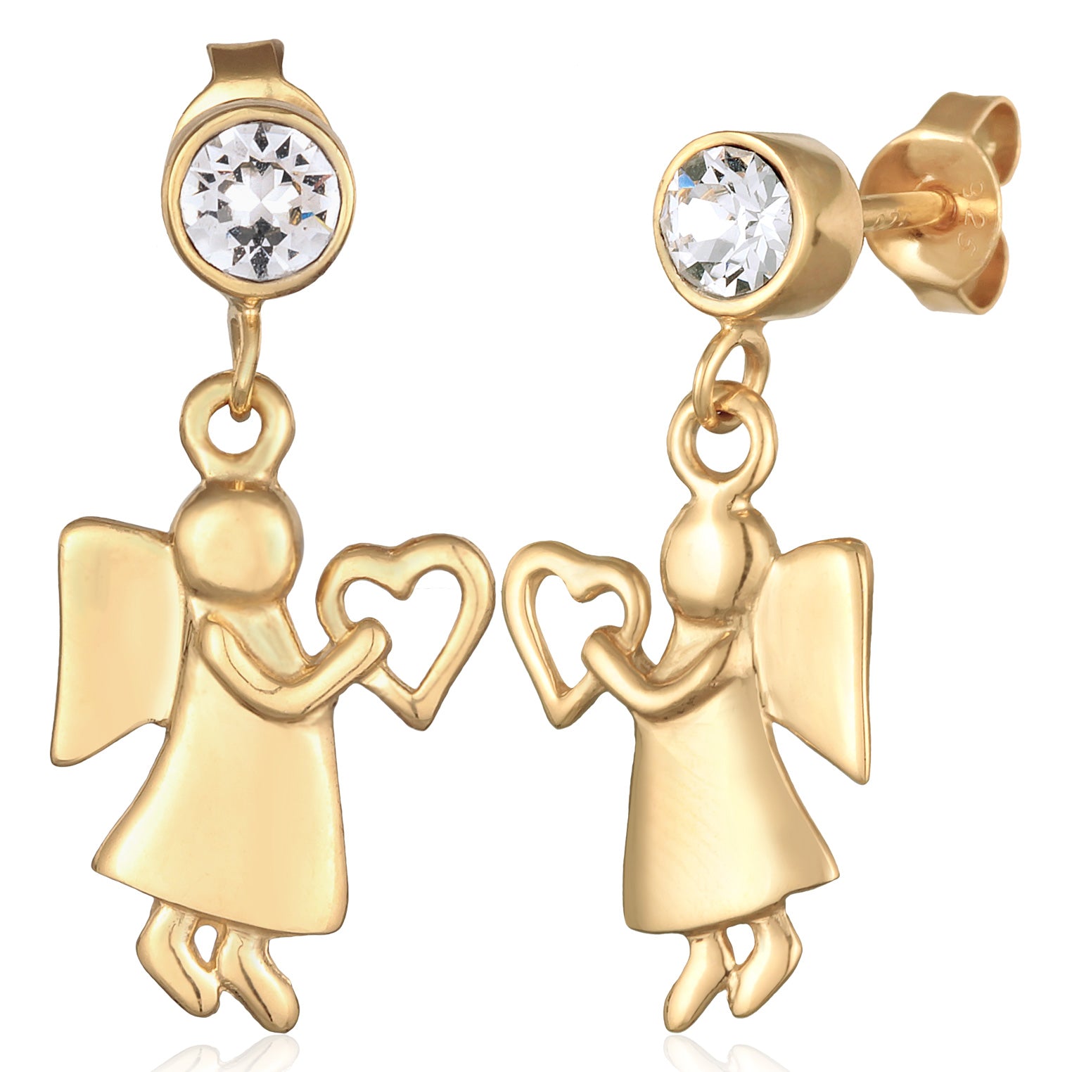 Gold Perhiasan Wanita Perak Asli - Silver Anting Ear Hanger Angel Heart Crystals Gold Plated