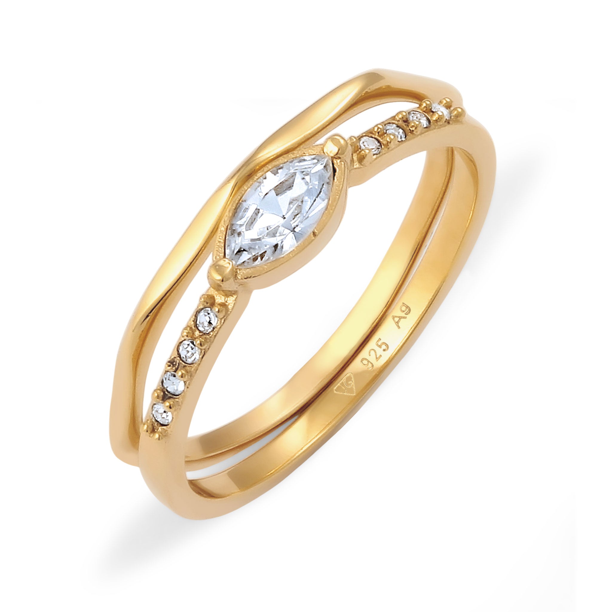 Gold Perhiasan Wanita Perak Asli Lapis Emas Cincin Square Set dengan Crystals