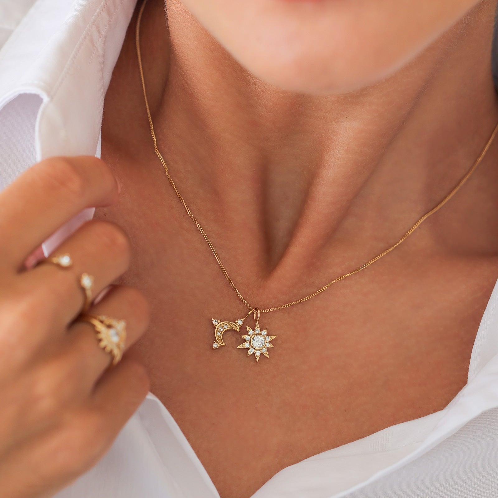 Necklace Sun Zirconia White 925 Sterling Silver Gold Plated