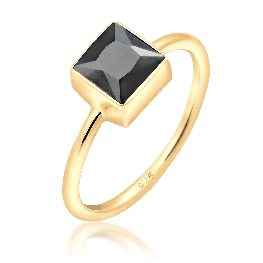 Cincin Zirkonia Persegi Hitam Perak Sterling 925 Berlapis Emas