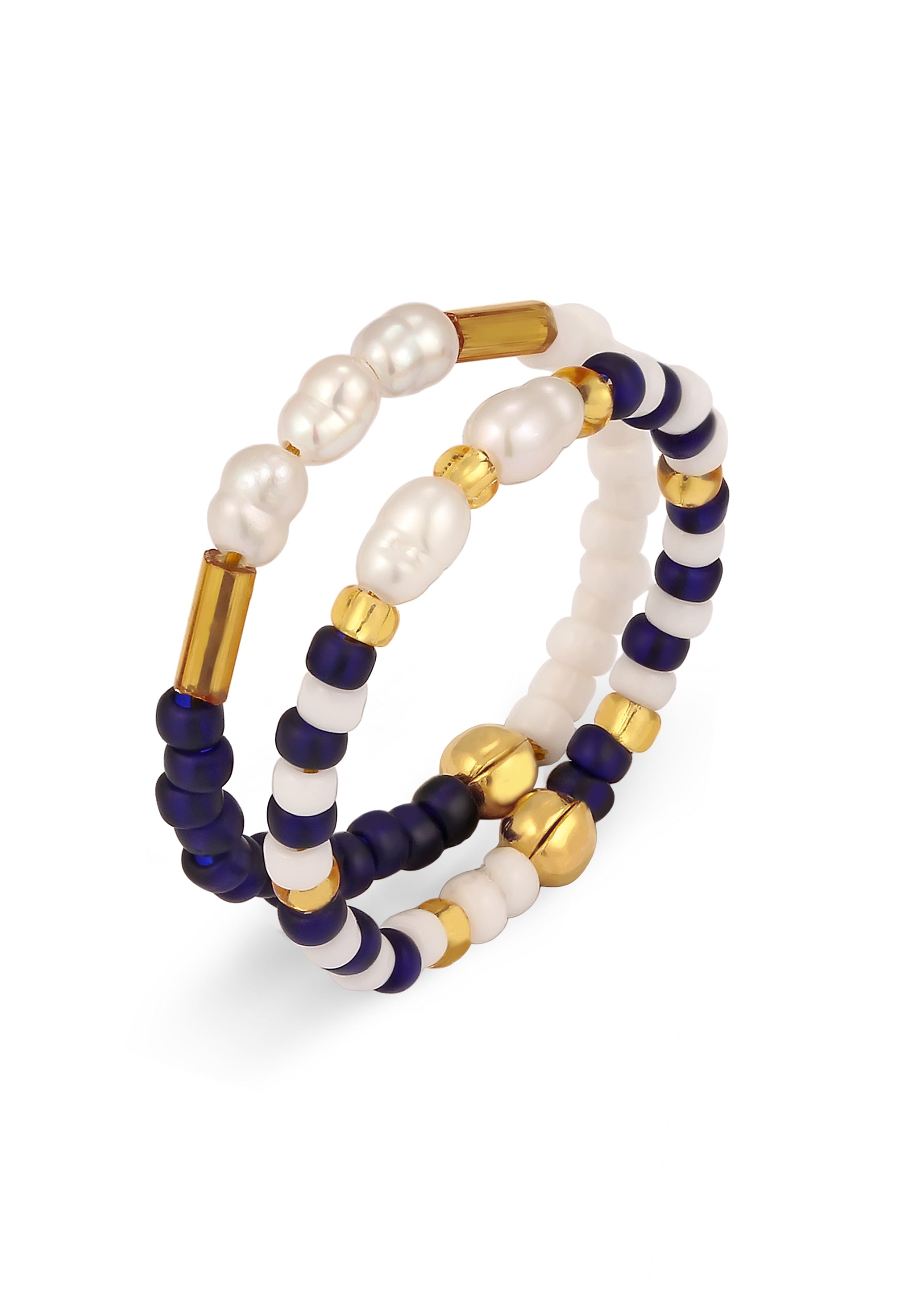 Ring Set Beads Blue Freshwater Pearls 925 Sterling Silver Gold Plated