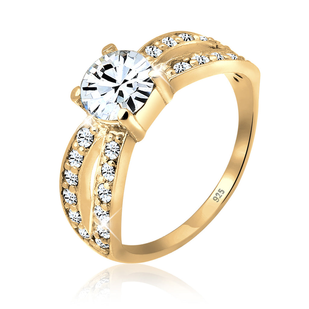Gold - Elli | Solitaire Glamorous Ring 925 Silver Gold Plated White – Embellished with Crystals by Swarovski®