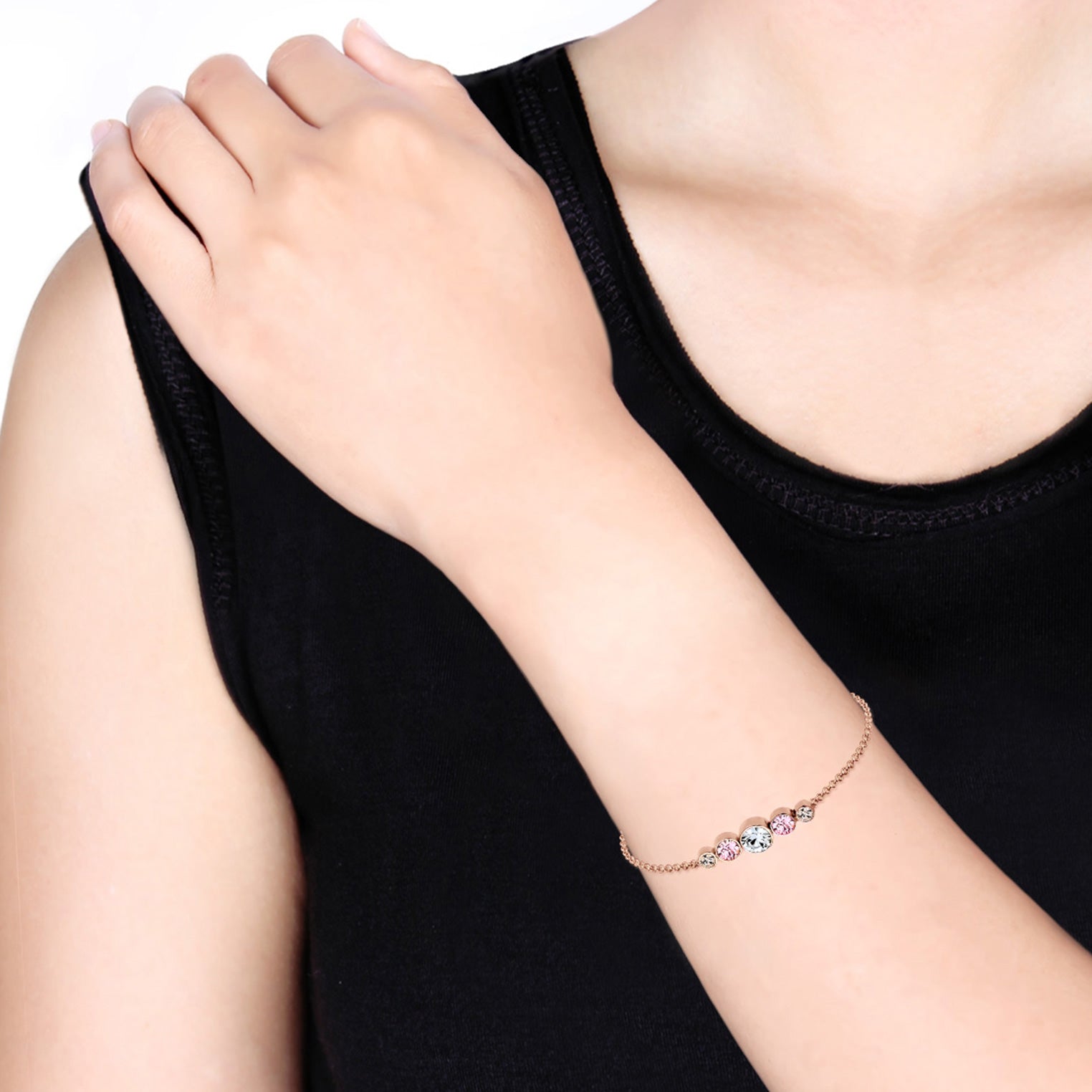 Rosegold Perhiasan Wanita Perak Asli - Silver Gelang Basic Crystal Rosegold Plated