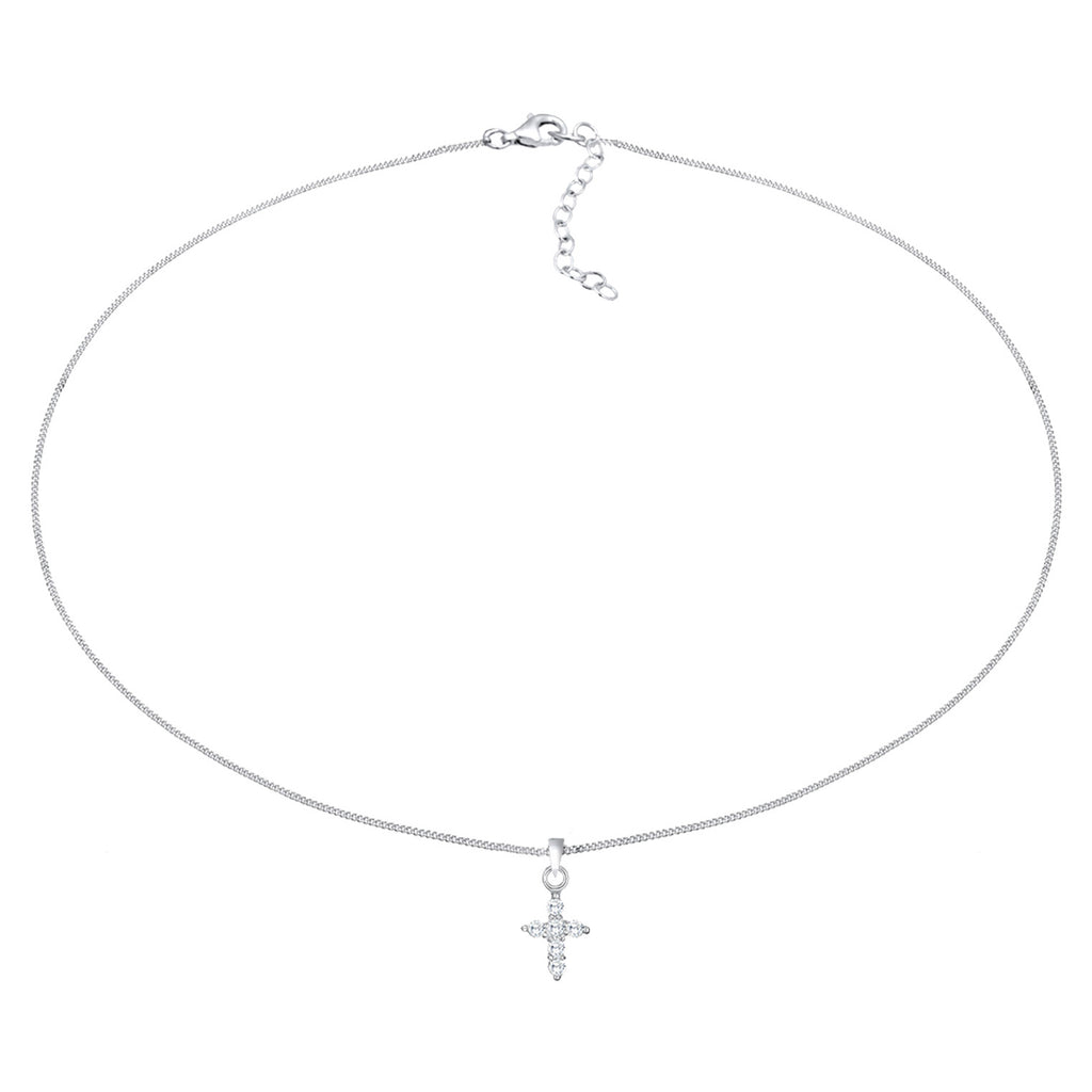 Silver Perhiasan Wanita Perak Asli - Silver Kalung  Choker Cross Religion Zirconia Crystals