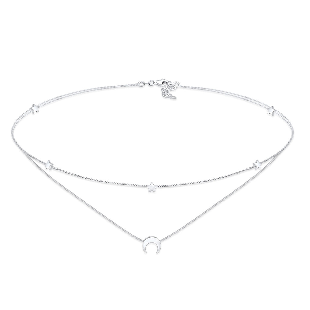 Silver Perhiasan Wanita Perak Asli - Silver Kalung  Choker Layer Astro Half Moon Stars