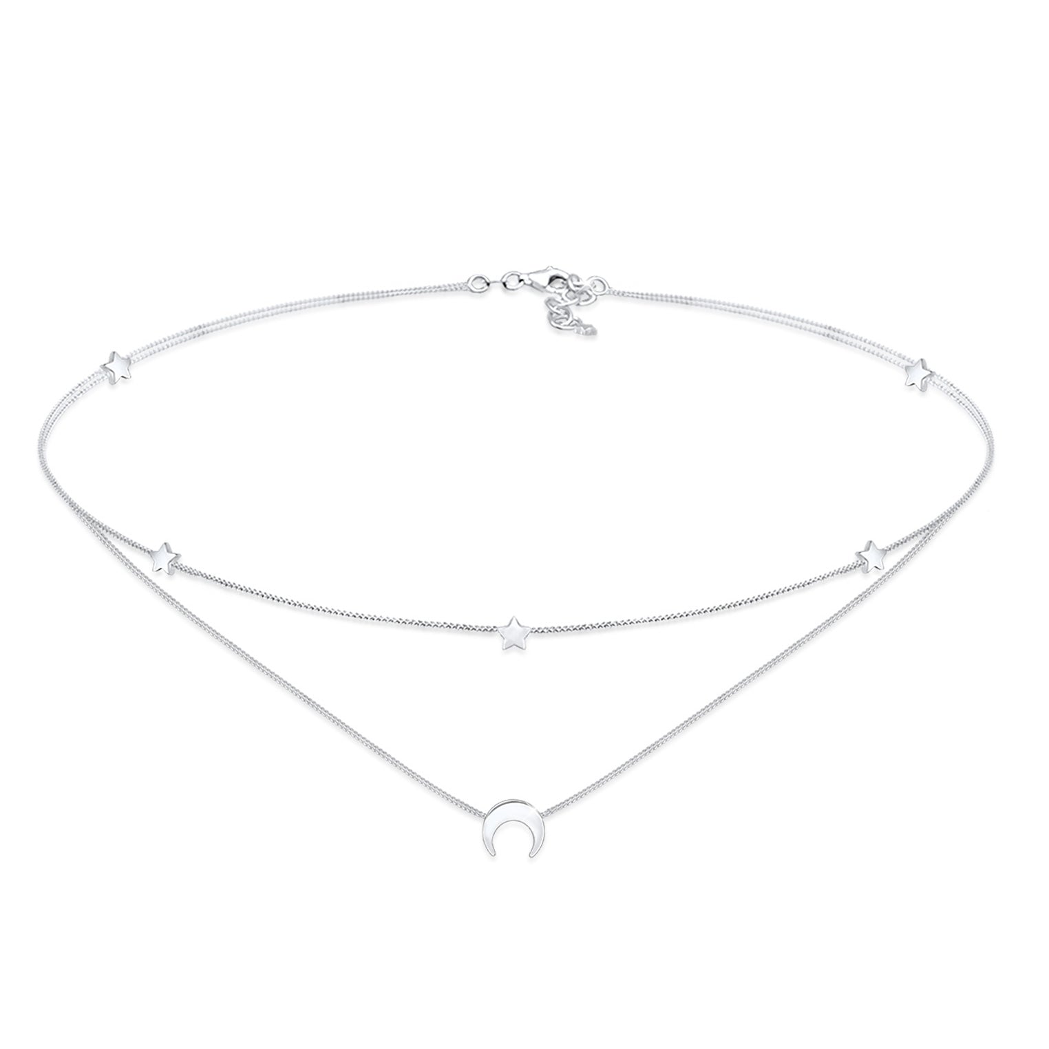Silver Perhiasan Wanita Perak Asli - Silver Kalung  Choker Layer Astro Half Moon Stars