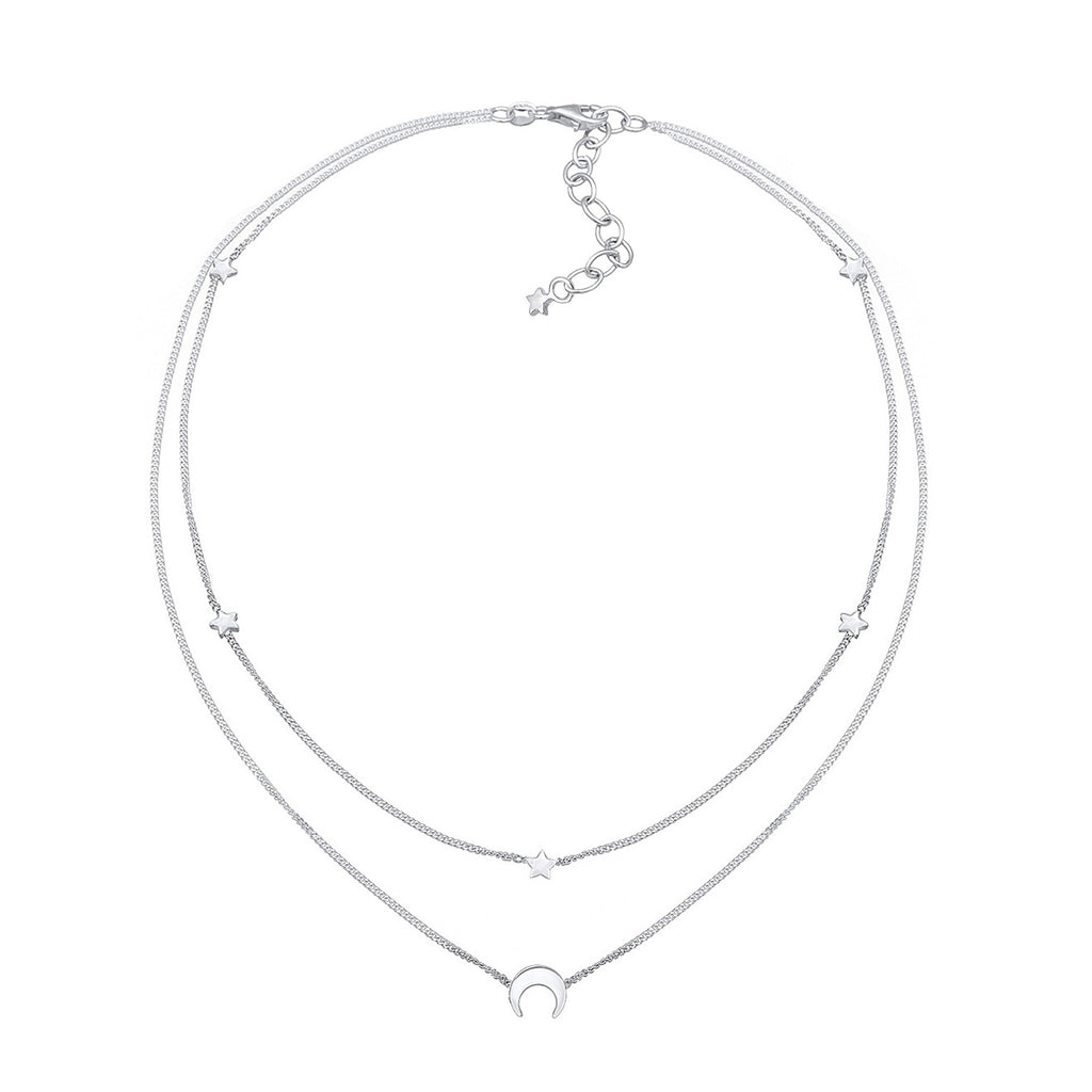 Silver Perhiasan Wanita Perak Asli - Silver Kalung  Choker Layer Astro Half Moon Stars