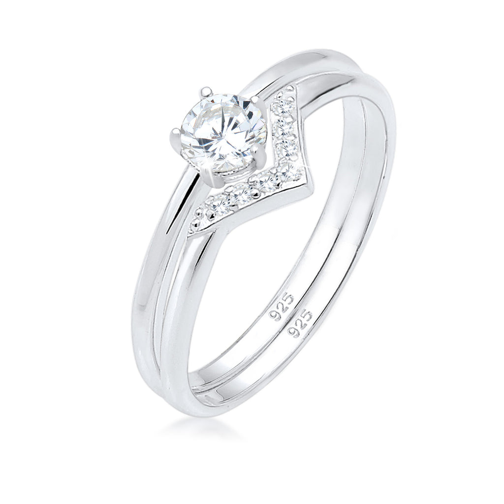 Silver Cincin Perhiasan Perak 925 Wanita Set Segitiga Zirconia