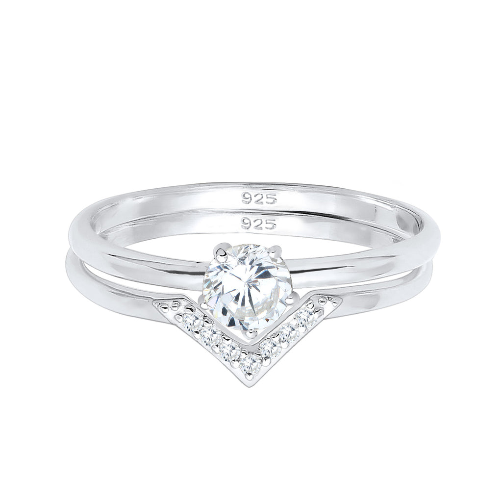 Silver Cincin Perhiasan Perak 925 Wanita Set Segitiga Zirconia