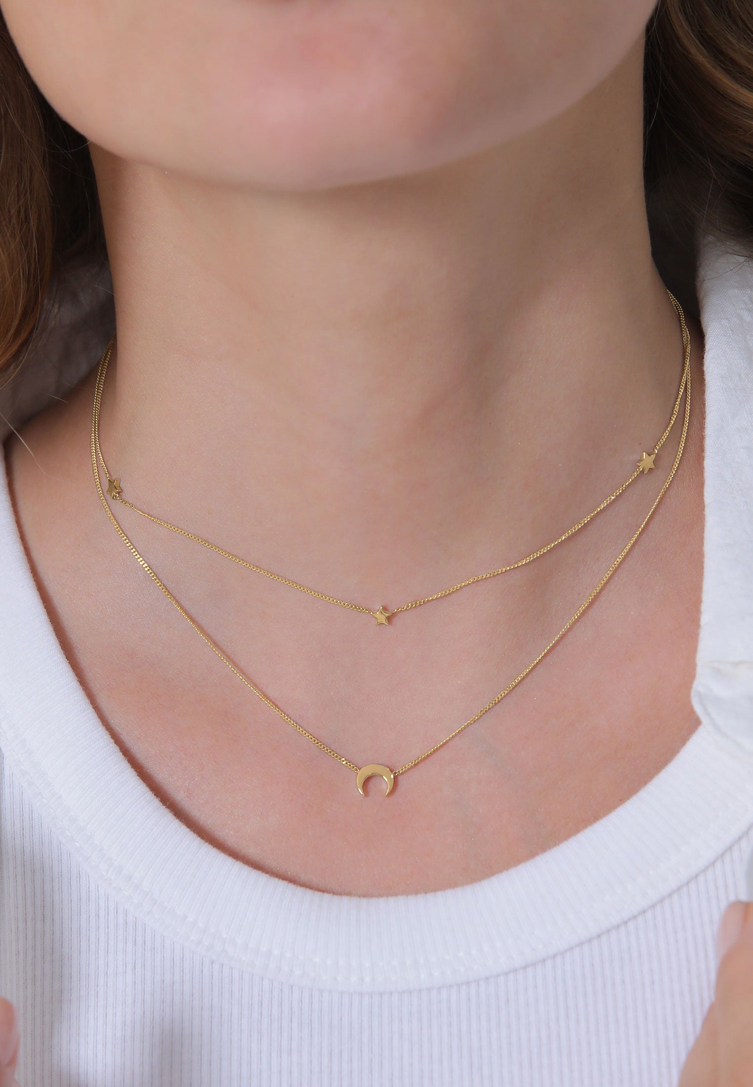 Gold Perhiasan Wanita Perak Asli - Silver Kalung  Choker Layer Astro Half Moon Stars Lapis Emas