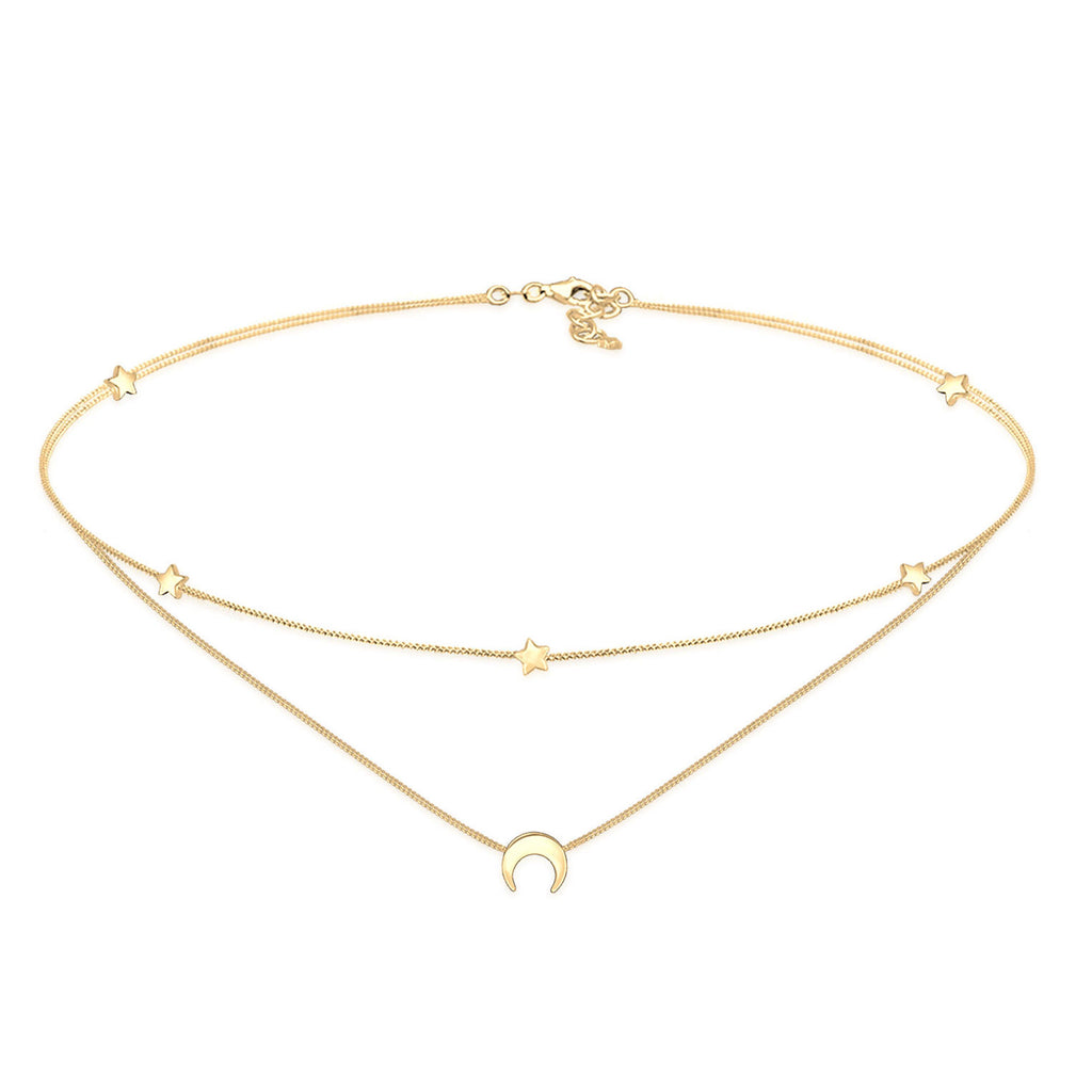 Crescent Moon Star Layered Necklace 925 Silver Gold Plated