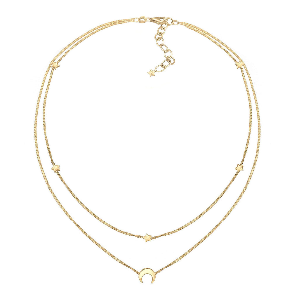 Gold Perhiasan Wanita Perak Asli - Silver Kalung  Choker Layer Astro Half Moon Stars Lapis Emas