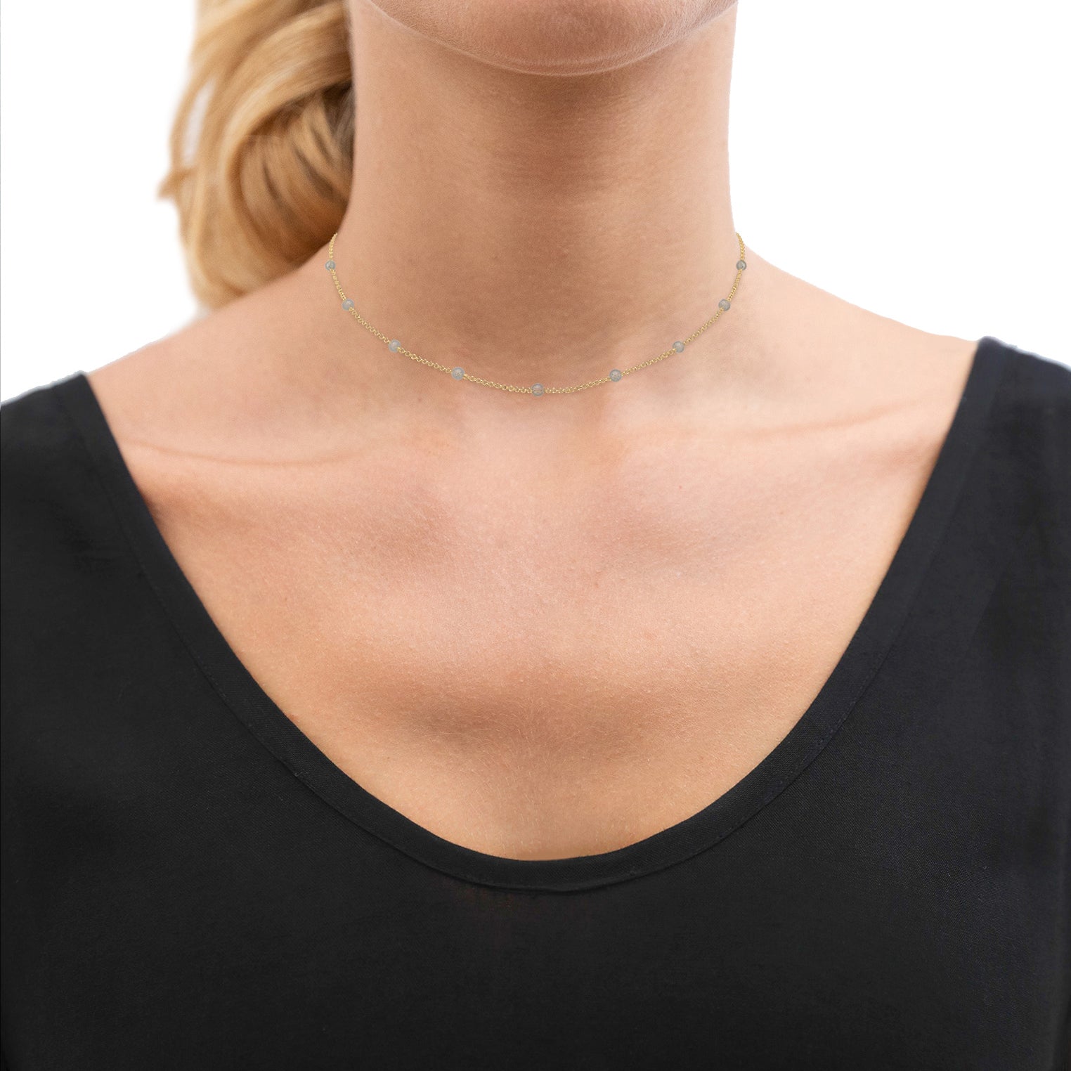 Gold Perhiasan Wanita Perak Asli - Silver Kalung  Choker Labradorite Balls Lapis Emas