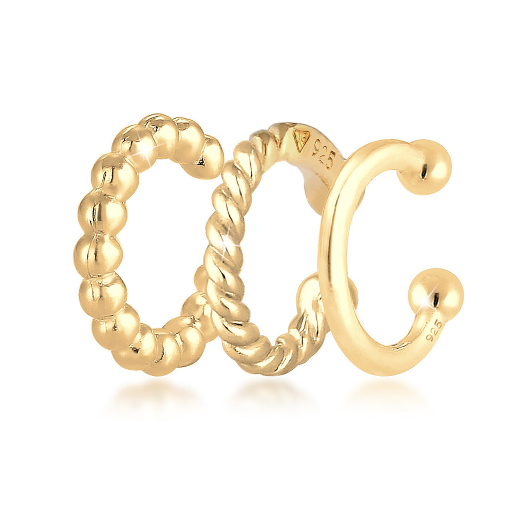 Beaded Twisted Ear Cuff Set of 3 925 Silver Gold Plated
