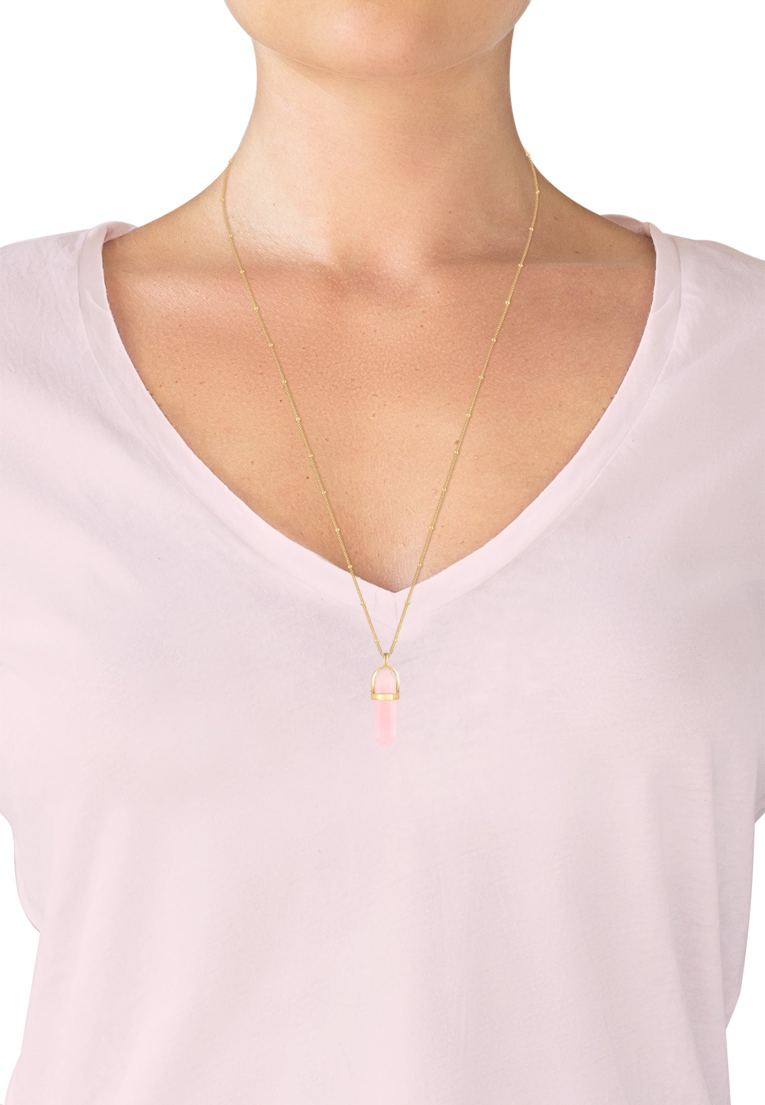 Gold Perhiasan Wanita Perak Asli - Silver Kalung  Hexagon Shape Rose Quartz Lapis Emas