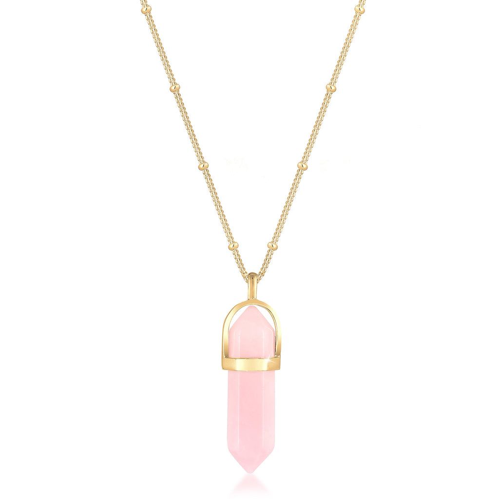 Gold Perhiasan Wanita Perak Asli - Silver Kalung  Hexagon Shape Rose Quartz Lapis Emas