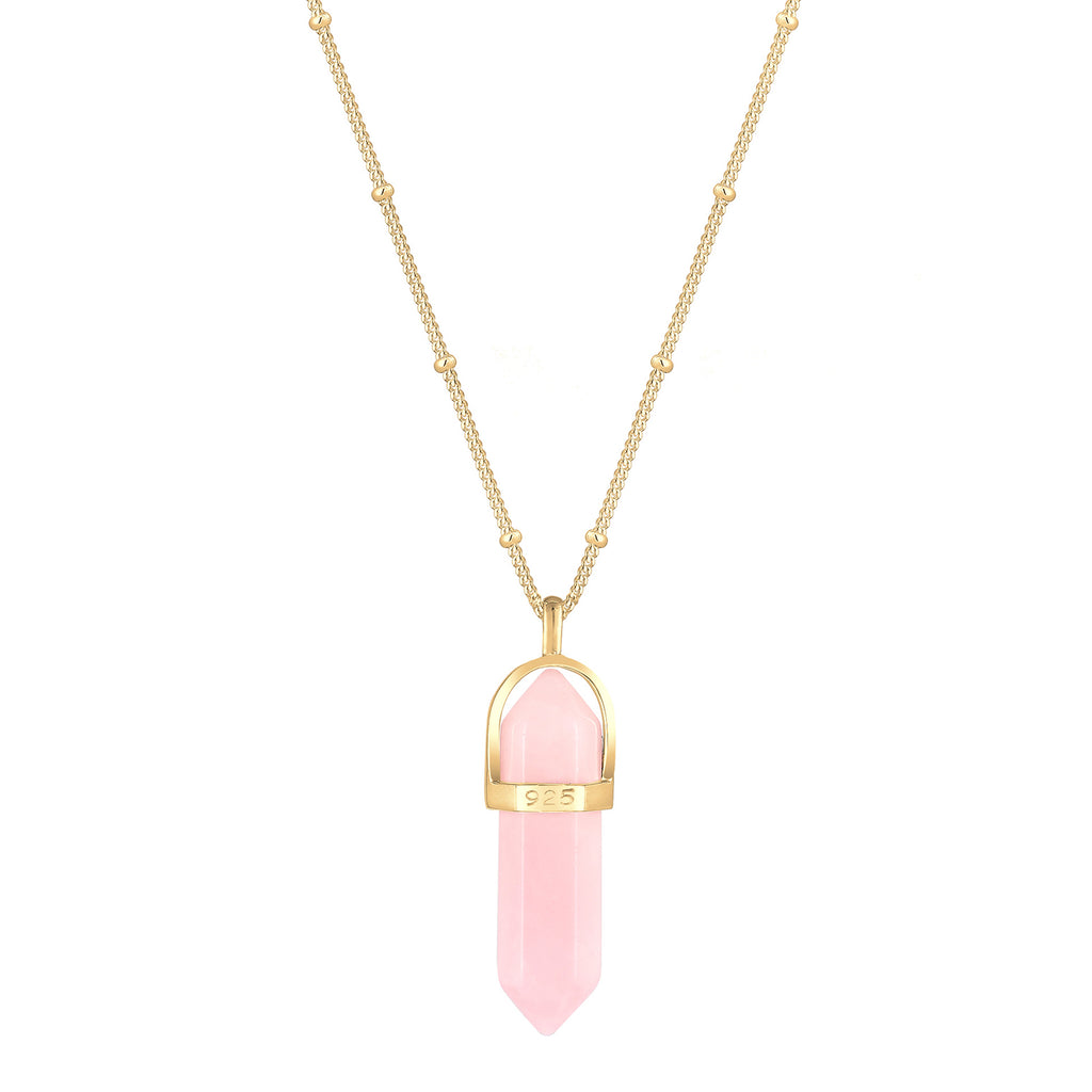 Gold Perhiasan Wanita Perak Asli - Silver Kalung  Hexagon Shape Rose Quartz Lapis Emas