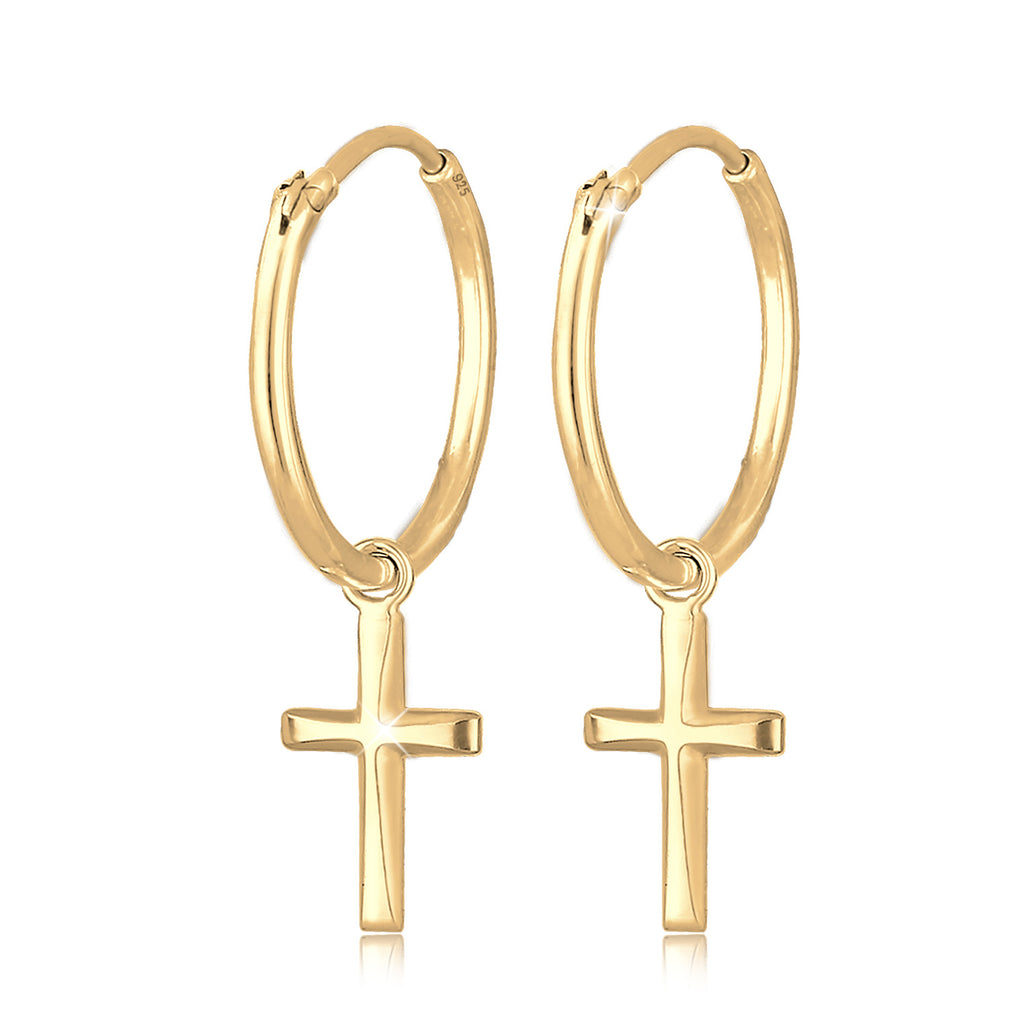 Gold Perhiasan Wanita Perak Asli - Silver Anting Creole Cross Faith Religion Gold Plated