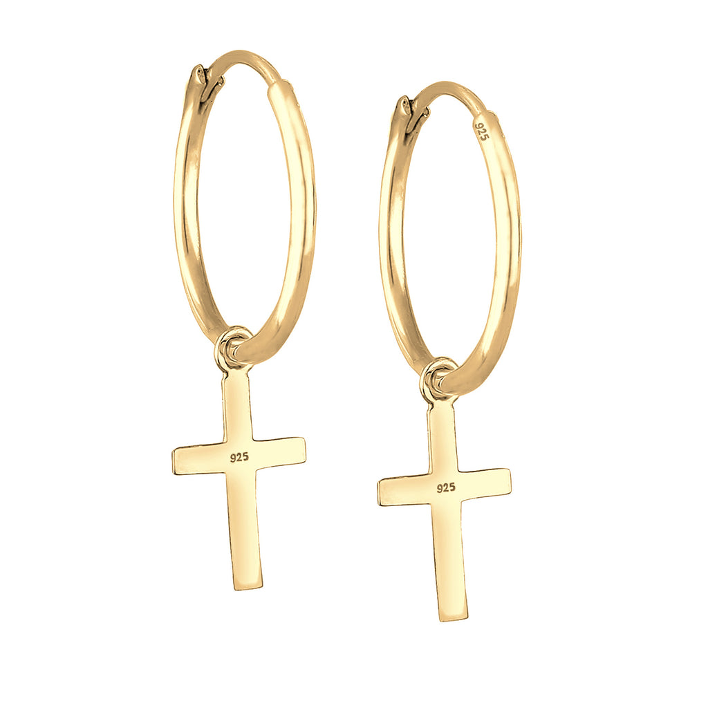 Gold Perhiasan Wanita Perak Asli - Silver Anting Creole Cross Faith Religion Gold Plated