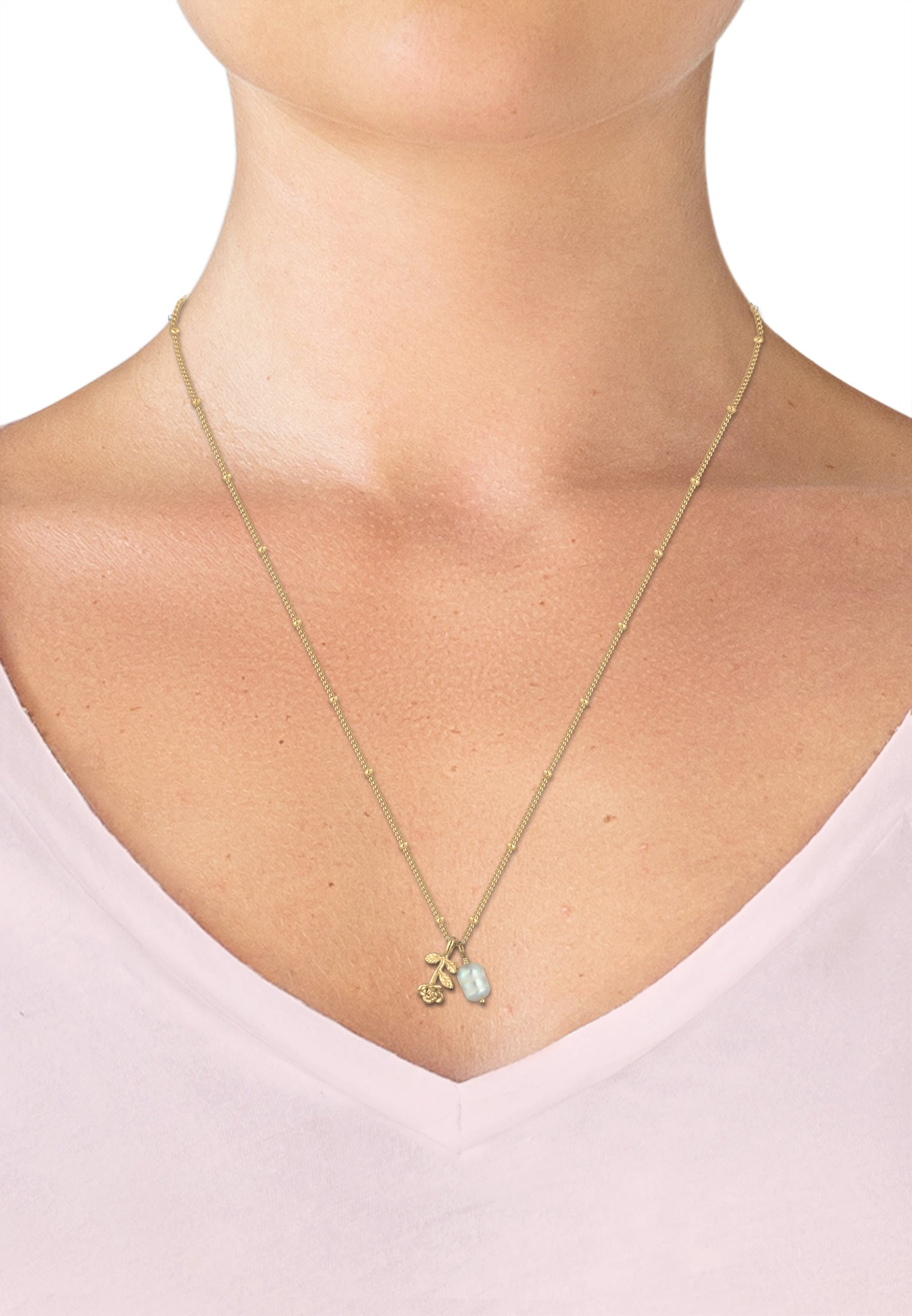 Gold Perhiasan Wanita Perak Asli - Silver Kalung Vintage 3D-Rose Pearl Gold Plated