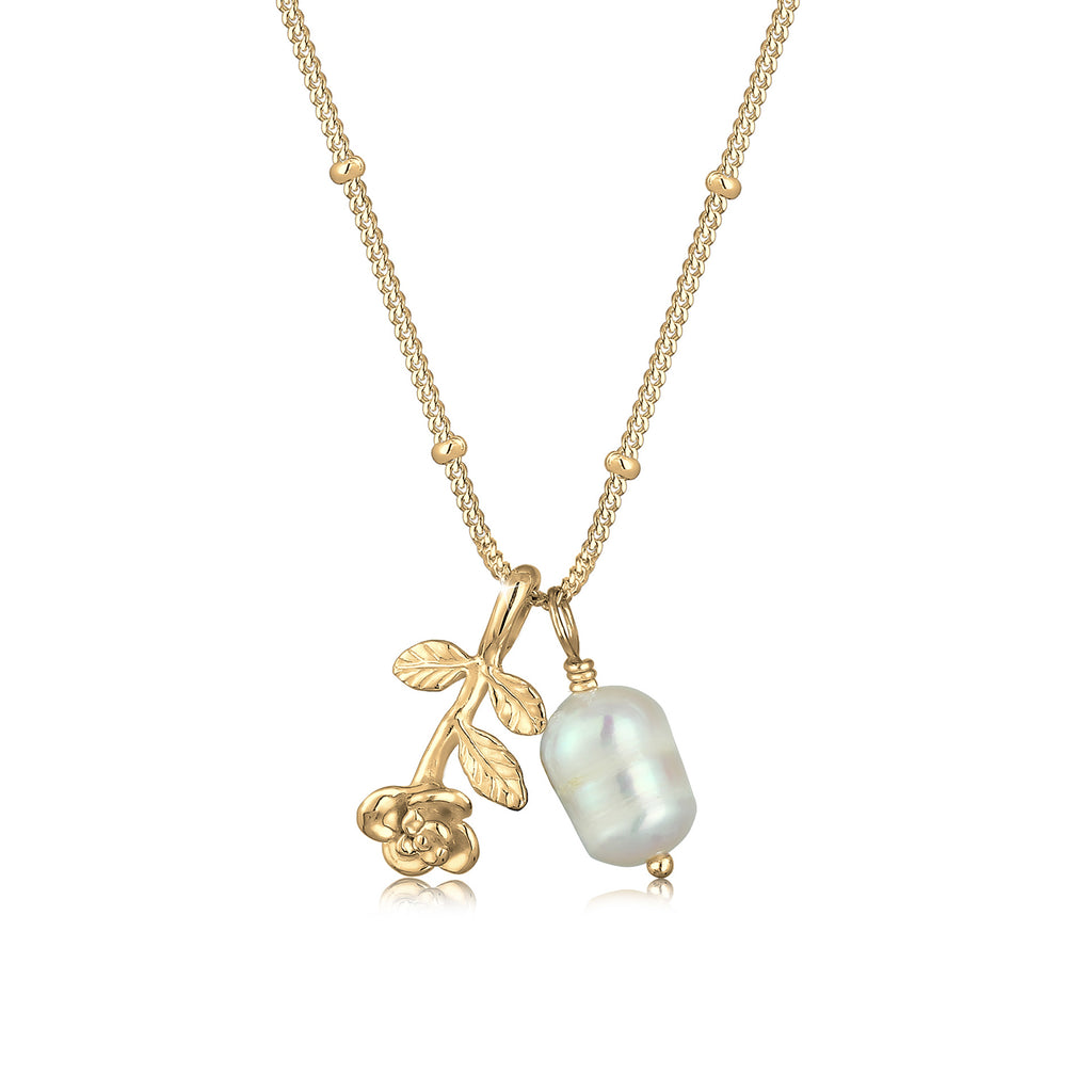 Gold Perhiasan Wanita Perak Asli - Silver Kalung Vintage 3D-Rose Pearl Gold Plated