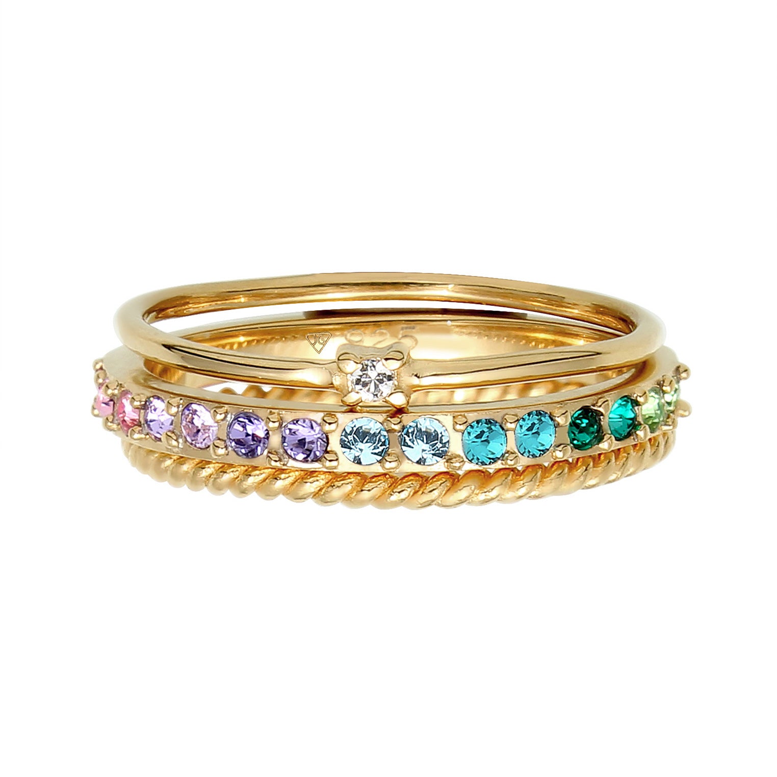 Gold Perhiasan Wanita Perak Asli - Silver Cincin Set Multi-Colour Crystals Gold Plated