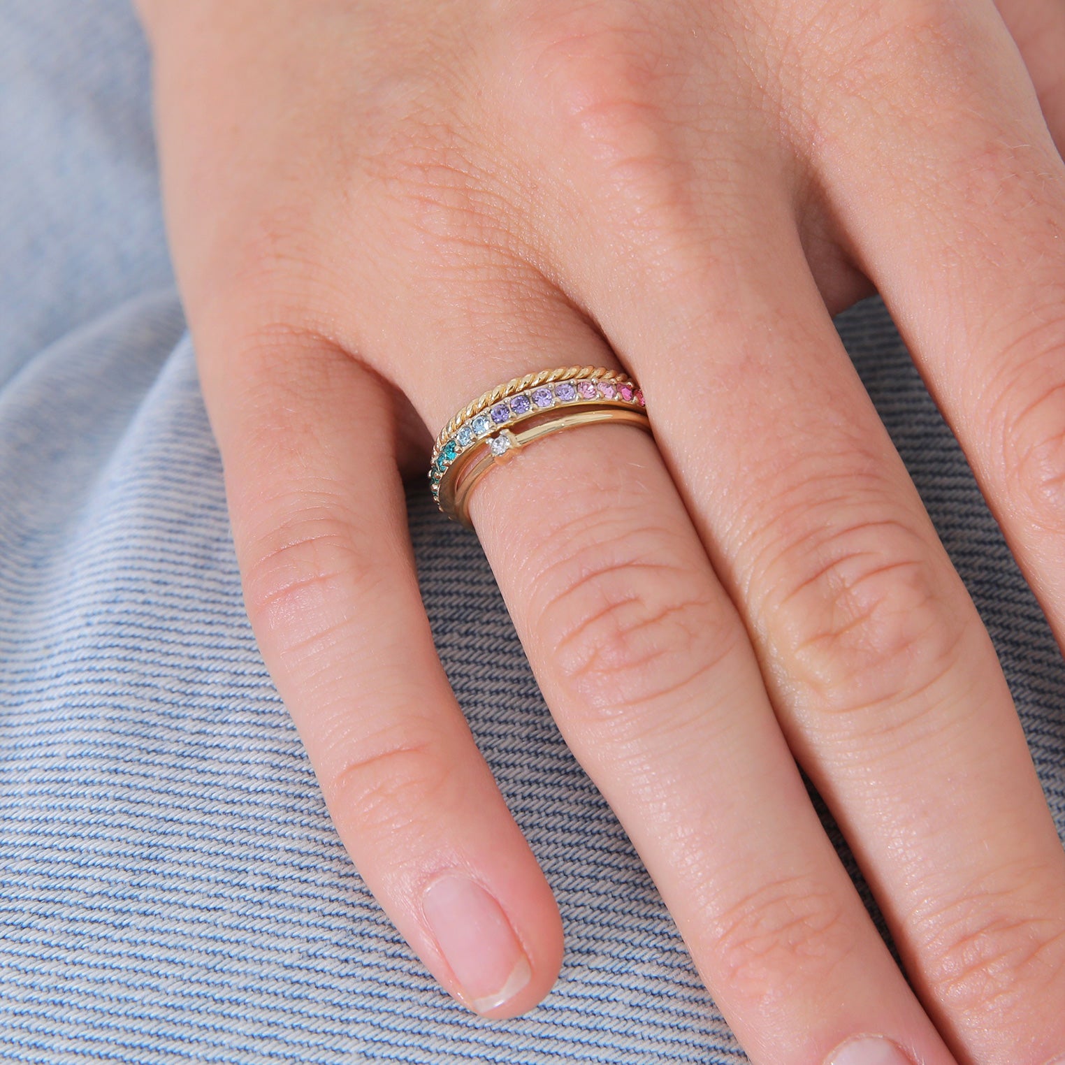Gold Perhiasan Wanita Perak Asli - Silver Cincin Set Multi-Colour Crystals Gold Plated