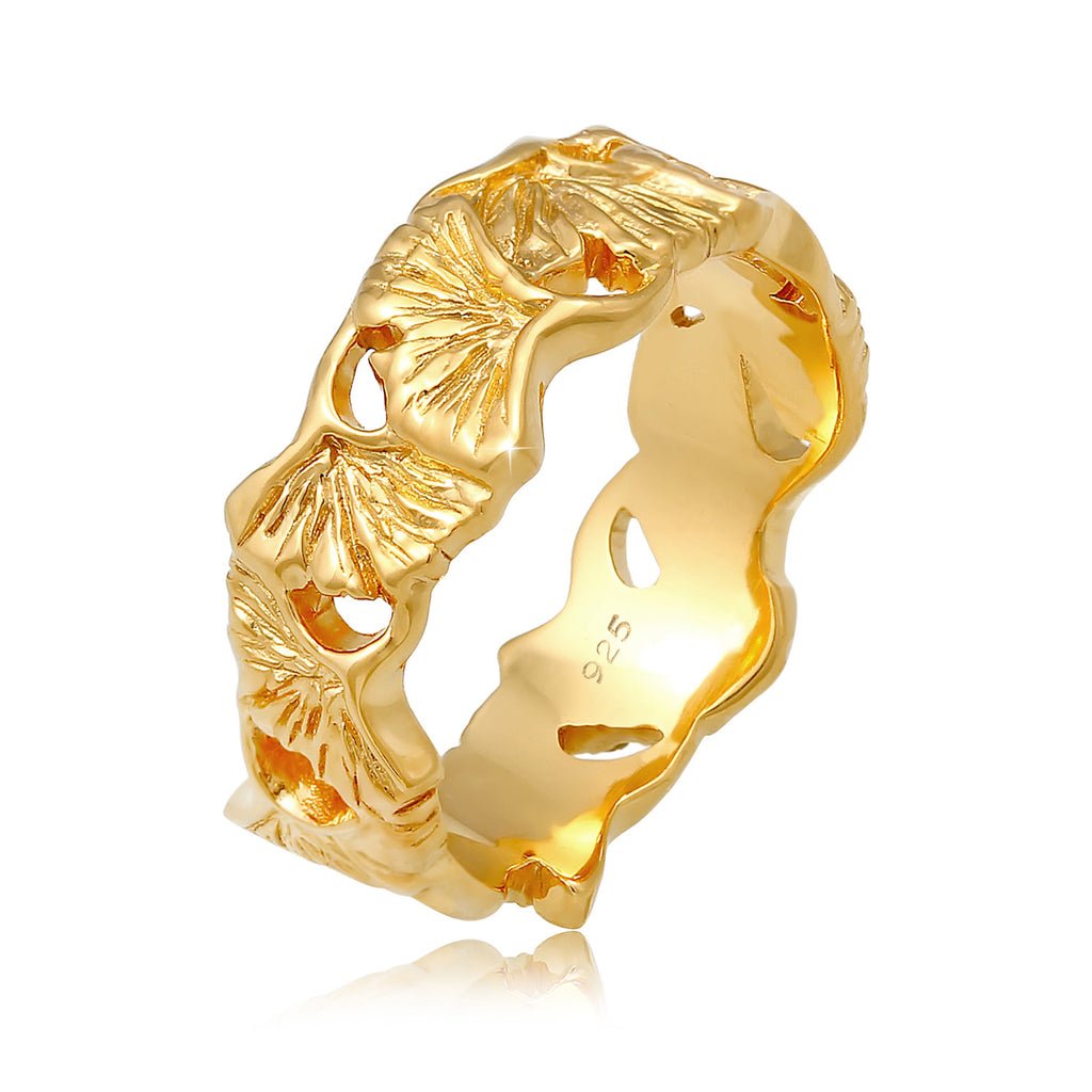 Gold Cincin Perhiasan Perak 925 Wanita Gingko Leaf Nature Gold Plated