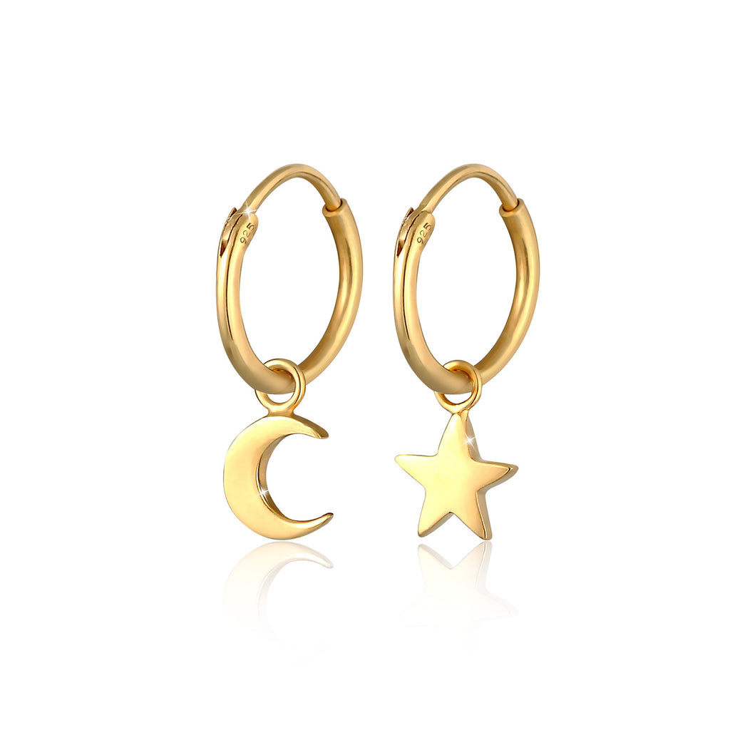 Gold Perhiasan Wanita Perak Asli - Silver Anting Creole Star Moon Gold Plated