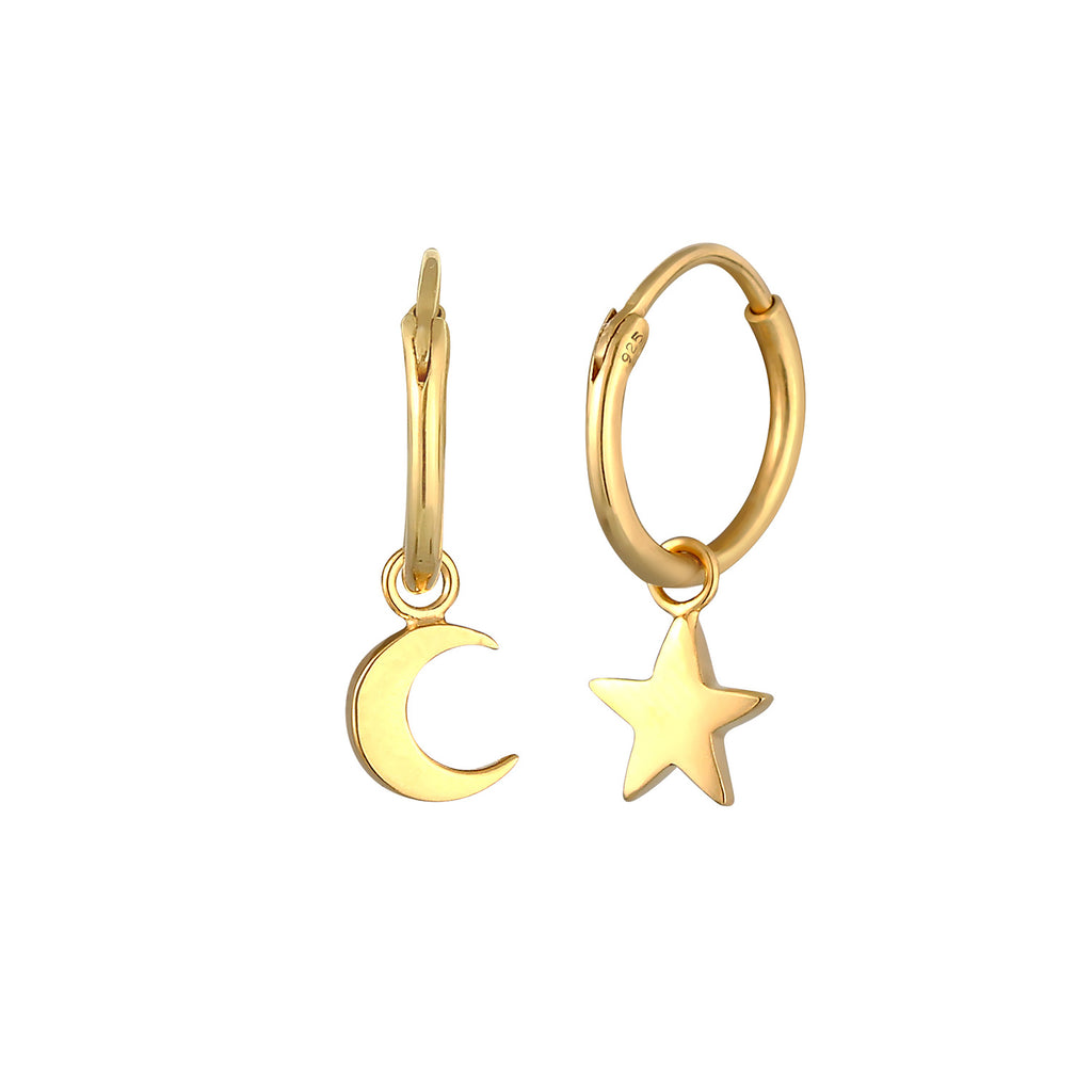 Gold Perhiasan Wanita Perak Asli - Silver Anting Creole Star Moon Gold Plated