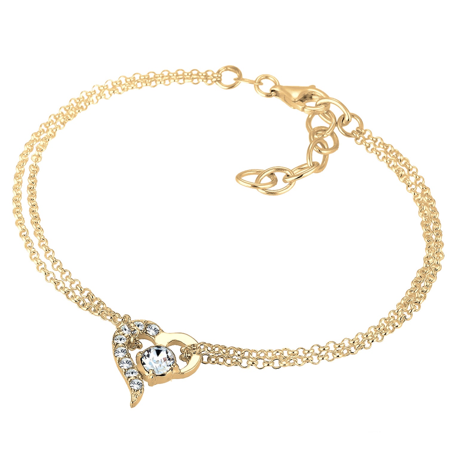 Gold Perhiasan Wanita Perak Asli - Silver Gelang Heart Love Crystals Gold Plated
