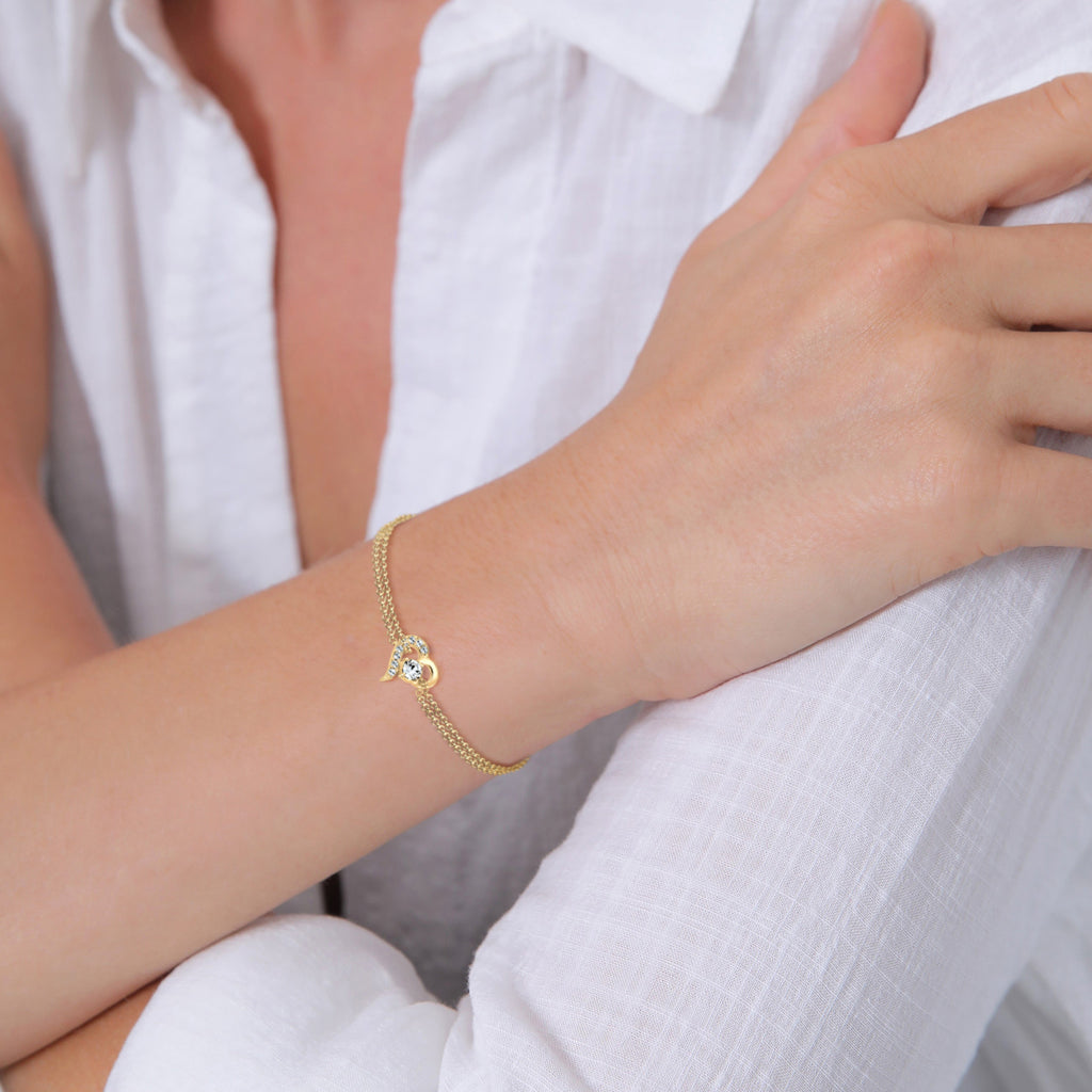 Gold Perhiasan Wanita Perak Asli - Silver Gelang Heart Love Crystals Gold Plated