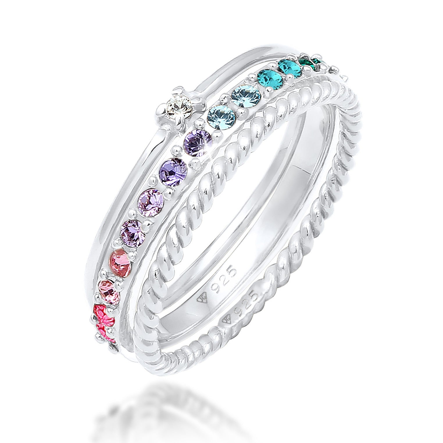 Silver Perhiasan Wanita Perak Asli - Silver Cincin Set Multi-Colour Crystals