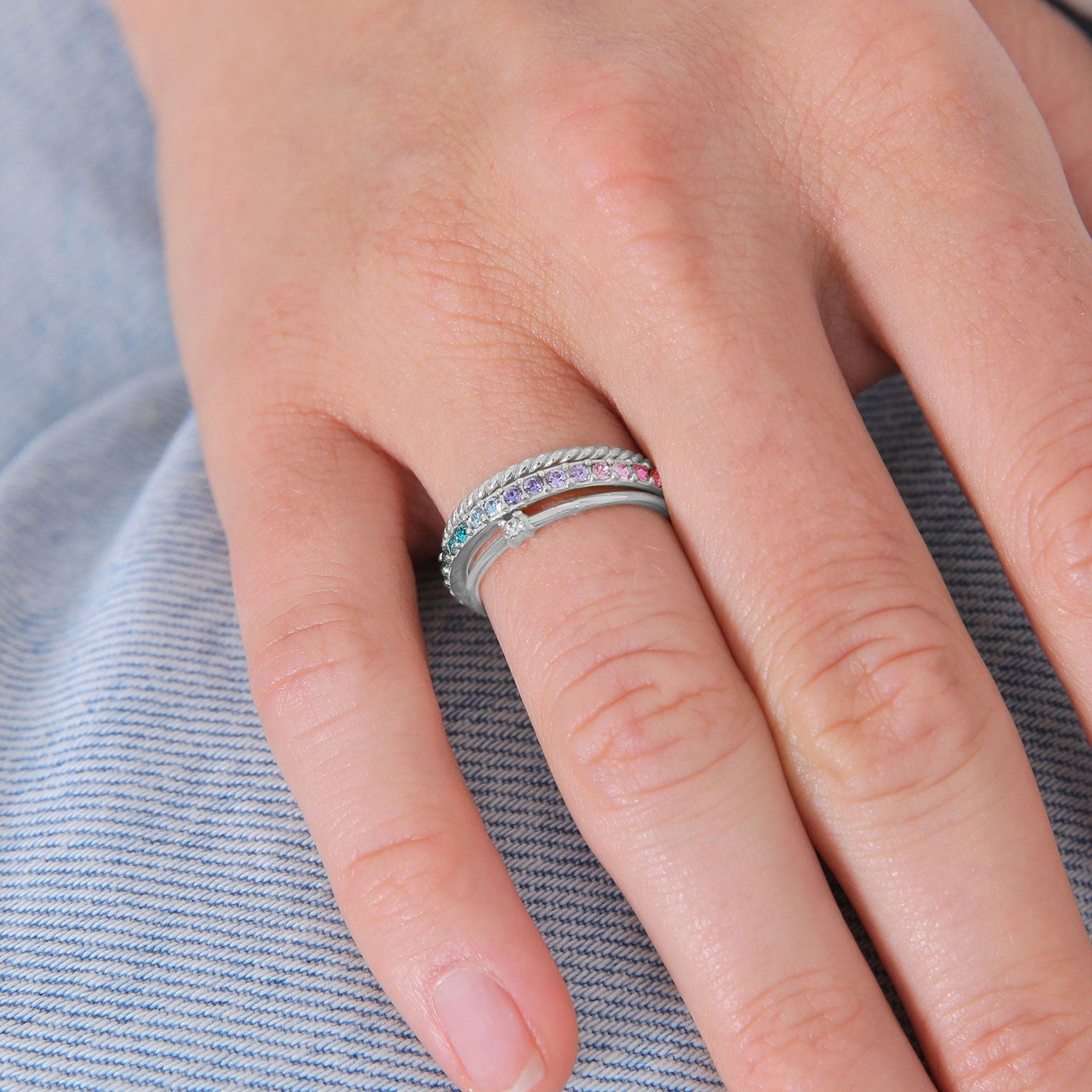 Silver Perhiasan Wanita Perak Asli - Silver Cincin Set Multi-Colour Crystals