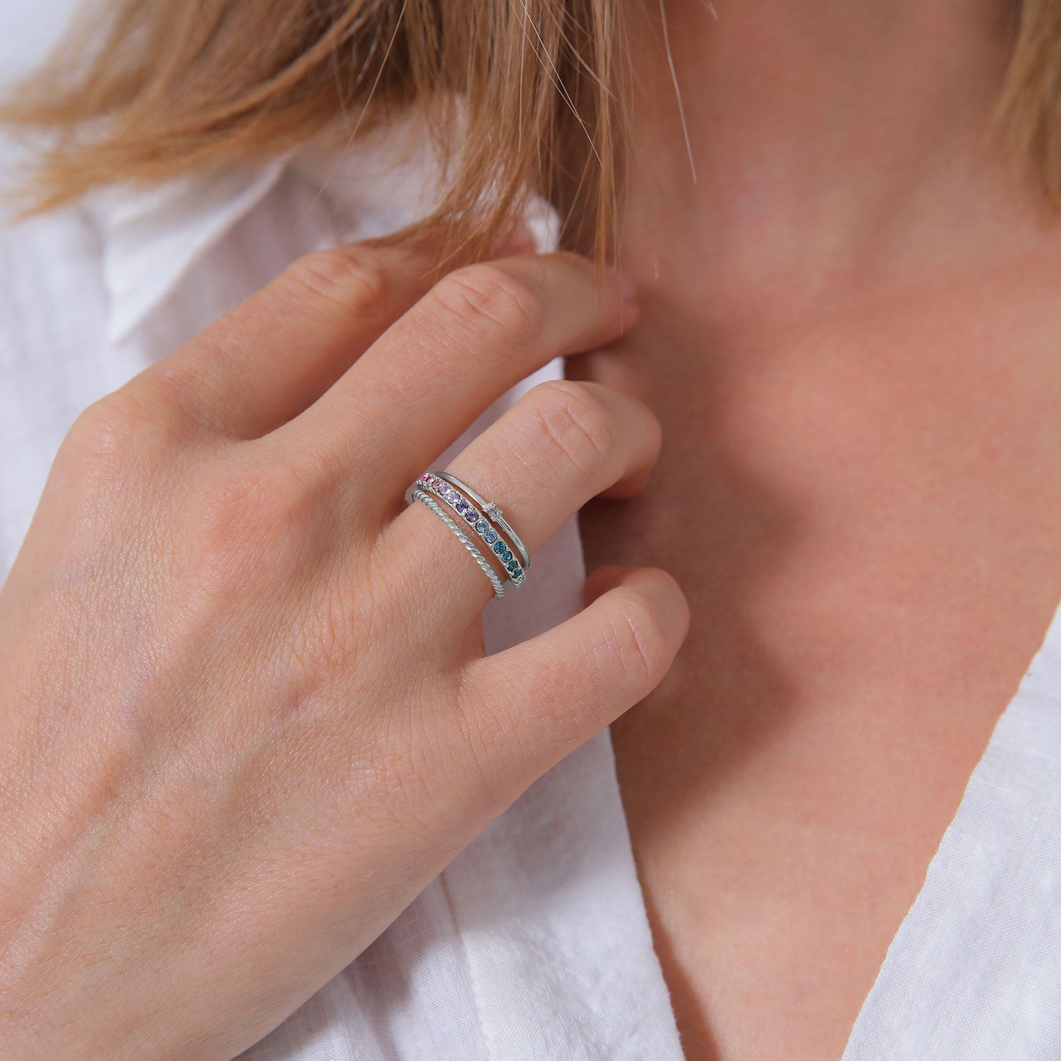 Silver Perhiasan Wanita Perak Asli - Silver Cincin Set Multi-Colour Crystals