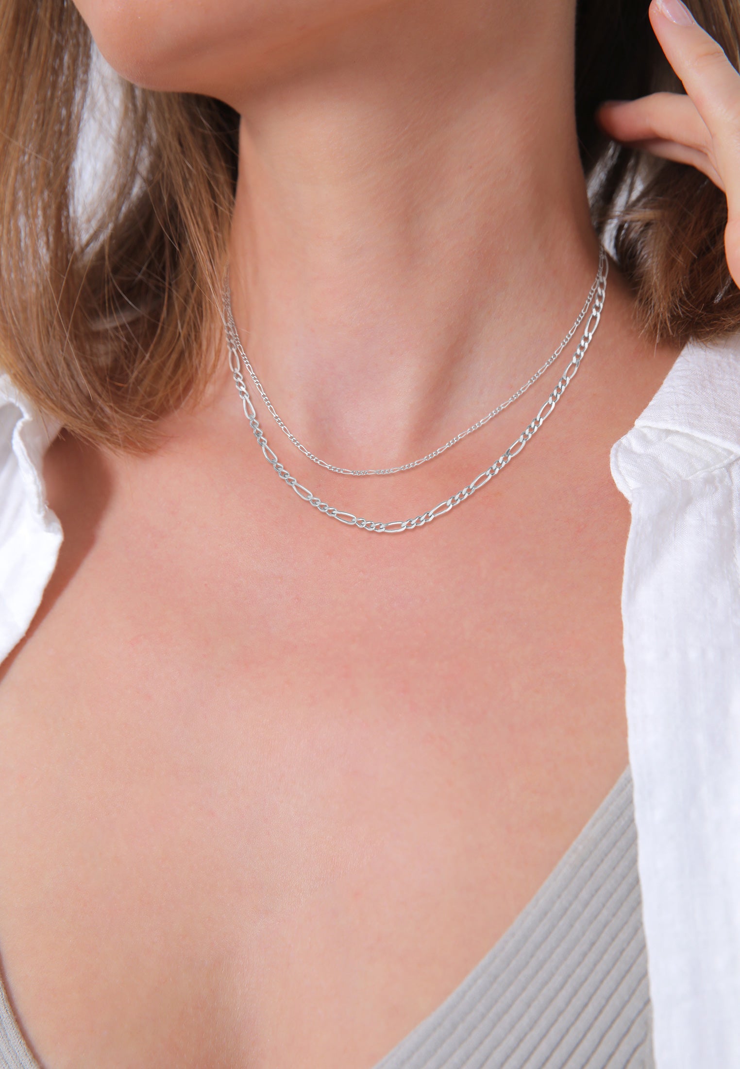 Silver Perhiasan Wanita Perak Asli - Silver Kalung  Layer Chain Figaro Links Basic 925 Silver