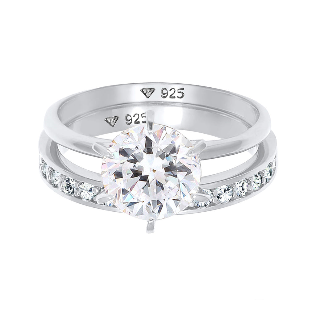 Silver Cincin Perhiasan Perak 925 Wanita Band Set Solitaire Glamorous with Crystals