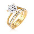Gold Cincin Perhiasan Perak 925 Wanita Band Set Solitaire Glamorous with Crystals Gold Plated
