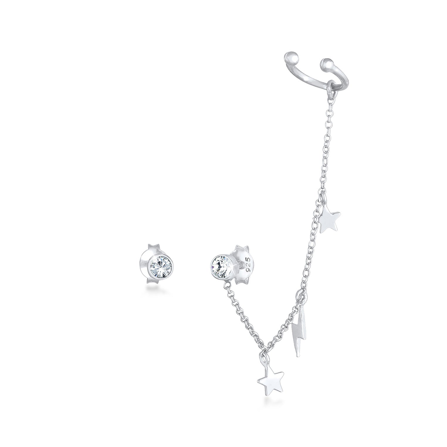 Silver Perhiasan Wanita Perak Asli - Silver Anting Stud Earcuff Set Lightning Star Astro Trend Crystals