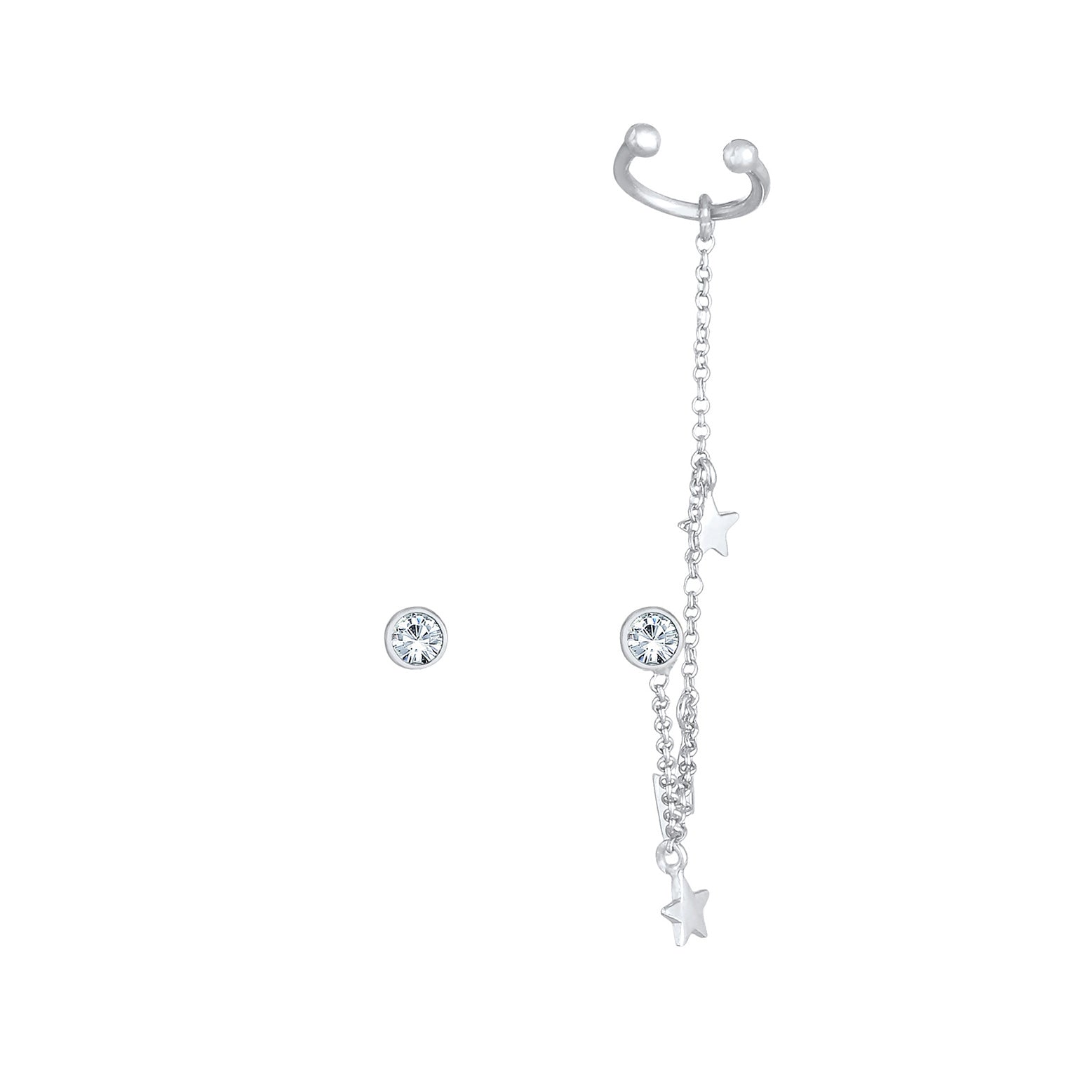 Silver Perhiasan Wanita Perak Asli - Silver Anting Stud Earcuff Set Lightning Star Astro Trend Crystals