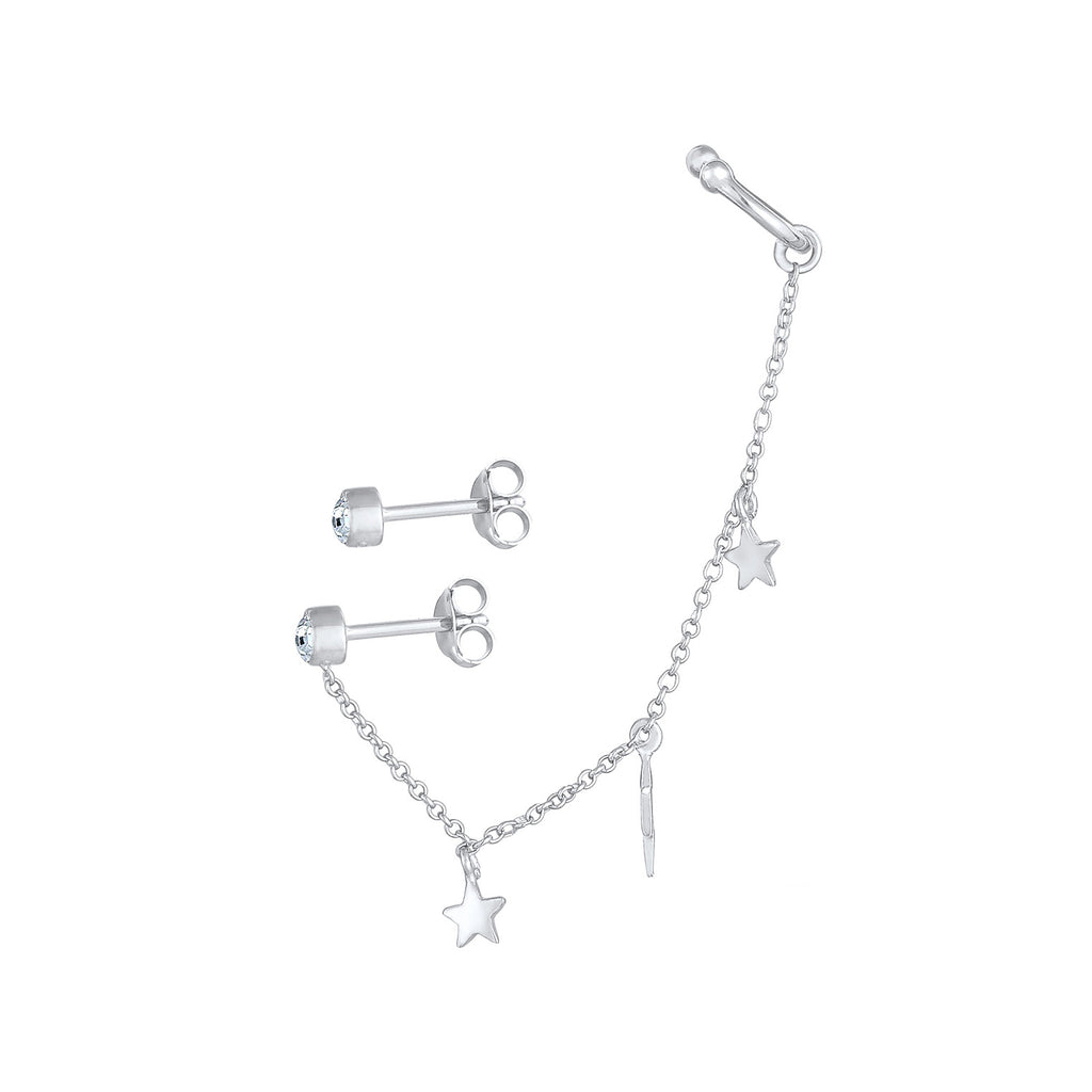 Silver Perhiasan Wanita Perak Asli - Silver Anting Stud Earcuff Set Lightning Star Astro Trend Crystals