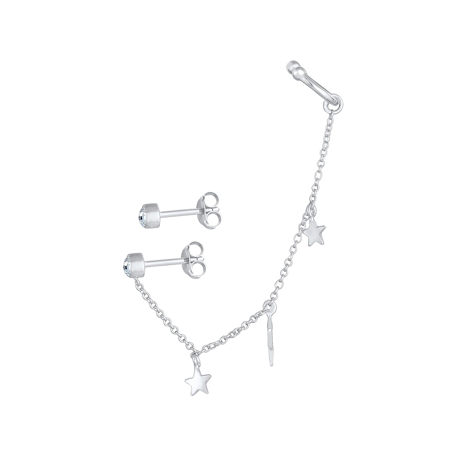 Silver Perhiasan Wanita Perak Asli - Silver Anting Stud Earcuff Set Lightning Star Astro Trend Crystals