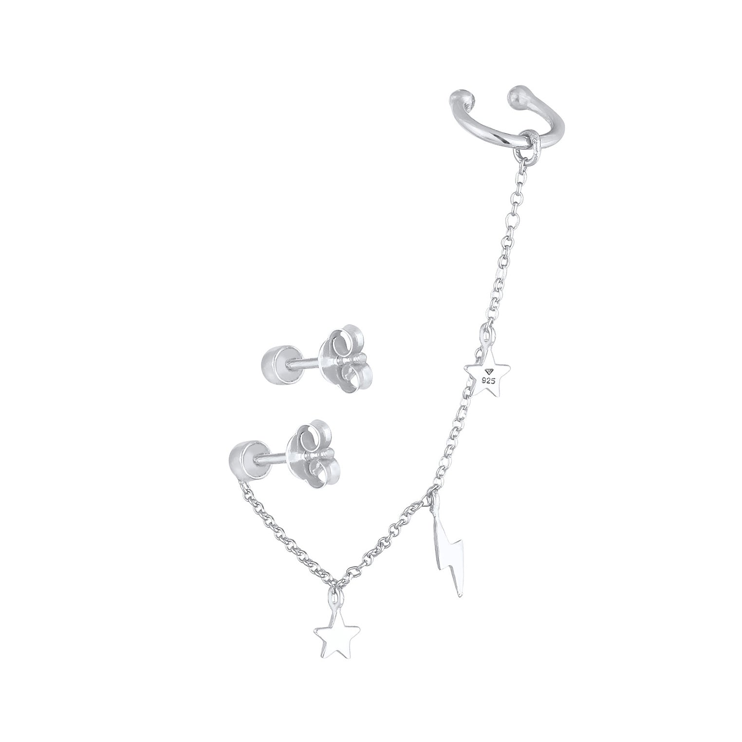 Silver Perhiasan Wanita Perak Asli - Silver Anting Stud Earcuff Set Lightning Star Astro Trend Crystals