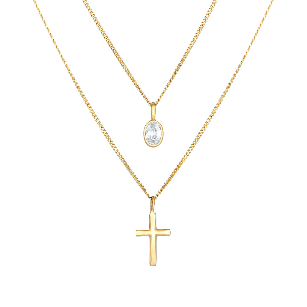 Gold Perhiasan Wanita Perak Asli - Silver Kalung  Layer Cross Faith Trend Cubic Zirconia Crystals Lapis Emas