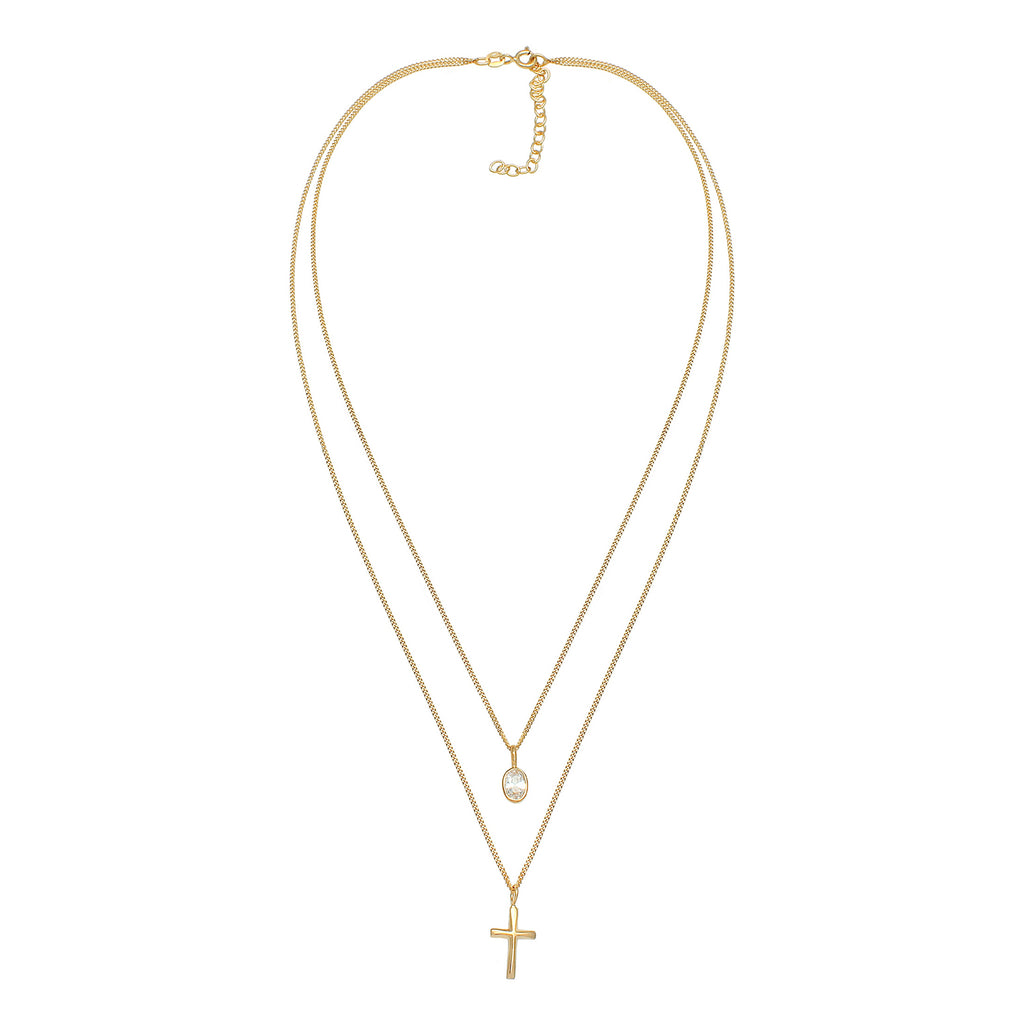 Gold Perhiasan Wanita Perak Asli - Silver Kalung  Layer Cross Faith Trend Cubic Zirconia Crystals Lapis Emas