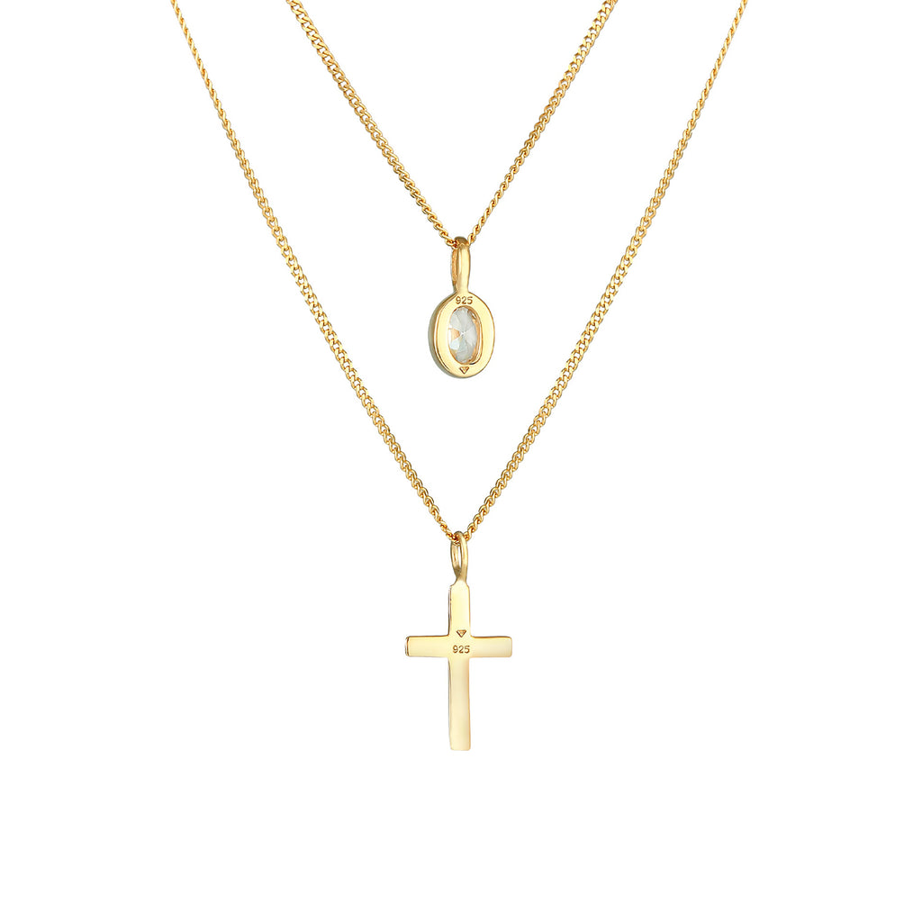 Gold Perhiasan Wanita Perak Asli - Silver Kalung  Layer Cross Faith Trend Cubic Zirconia Crystals Lapis Emas