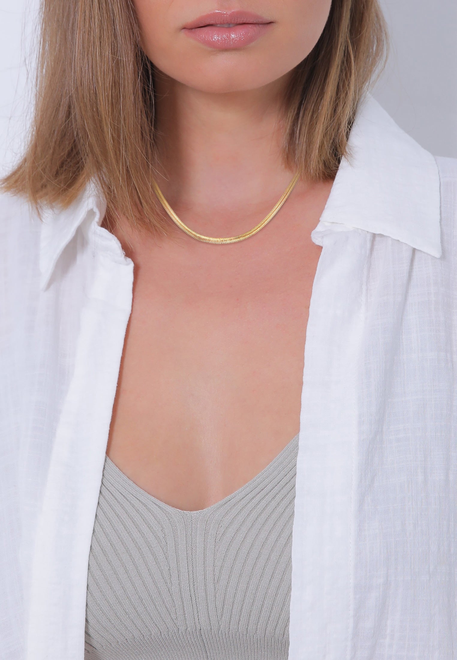 Gold Perhiasan Wanita Perak Asli - Silver Kalung  Snake Flat Elegant Herringbone Trend Blogger Lapis Emas